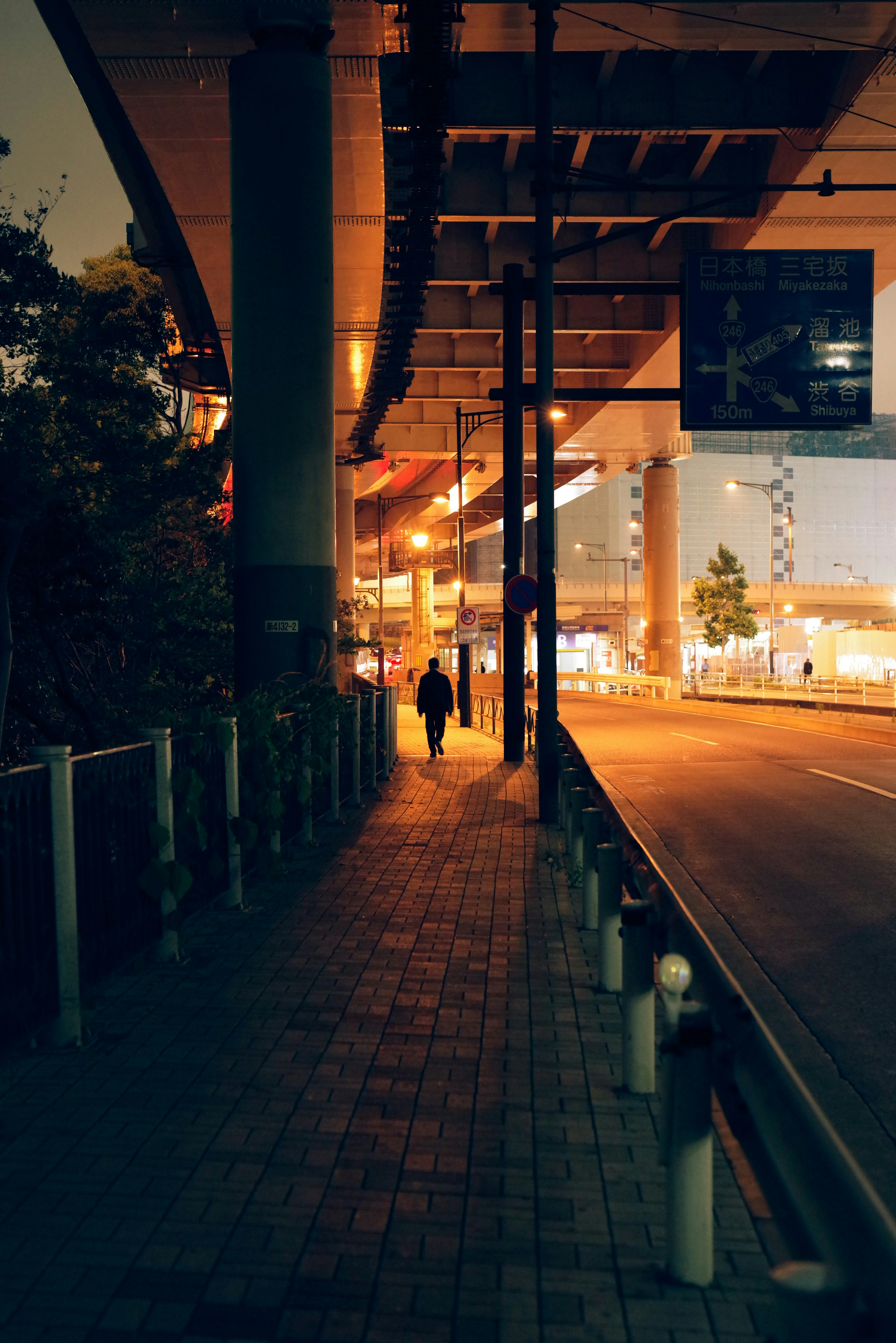 高架下の通路に並ぶ街灯と夜景（紀尾井町・弁慶濠・外堀通）
