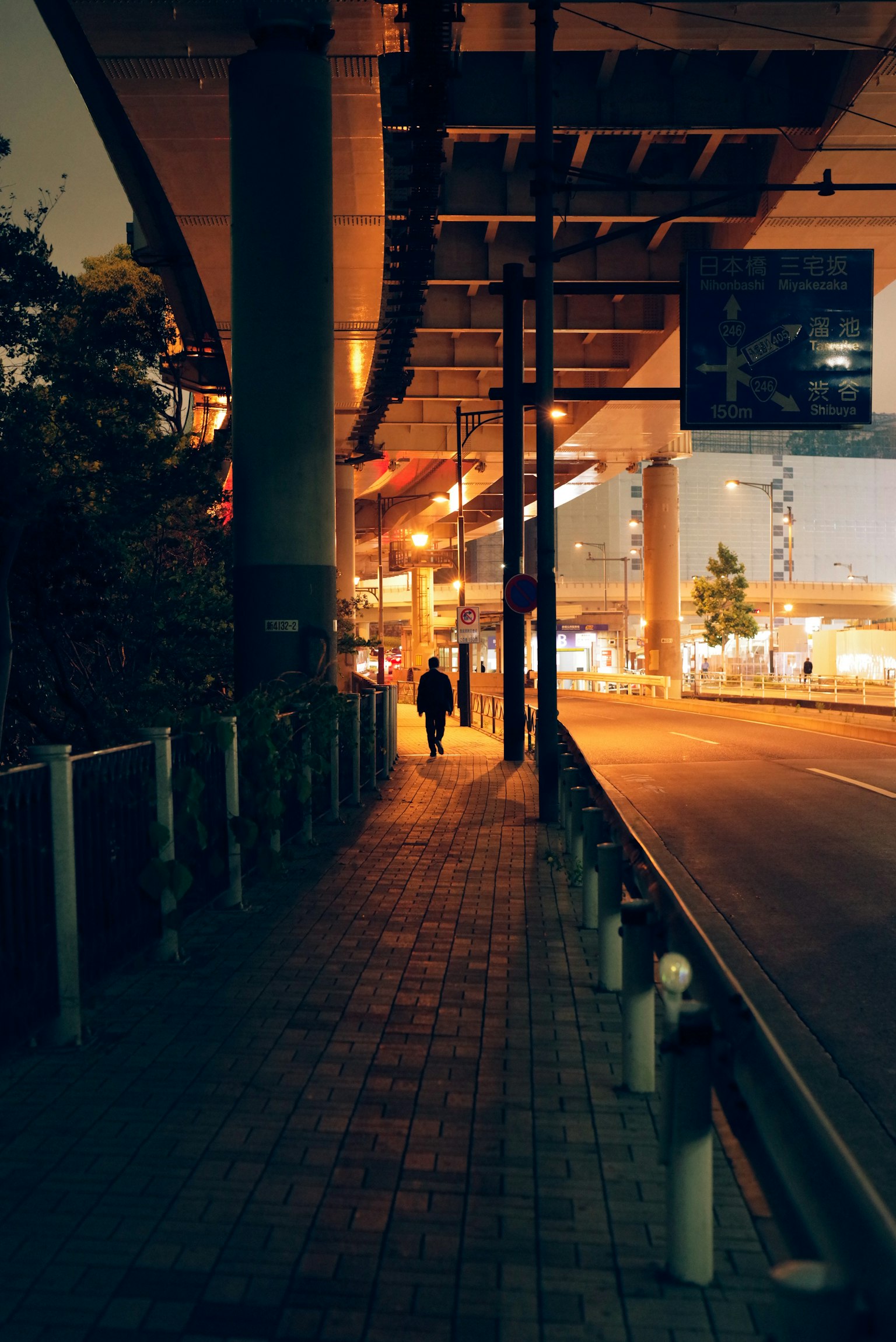 夜晚街道上行走的人影，被上方的燈光照亮