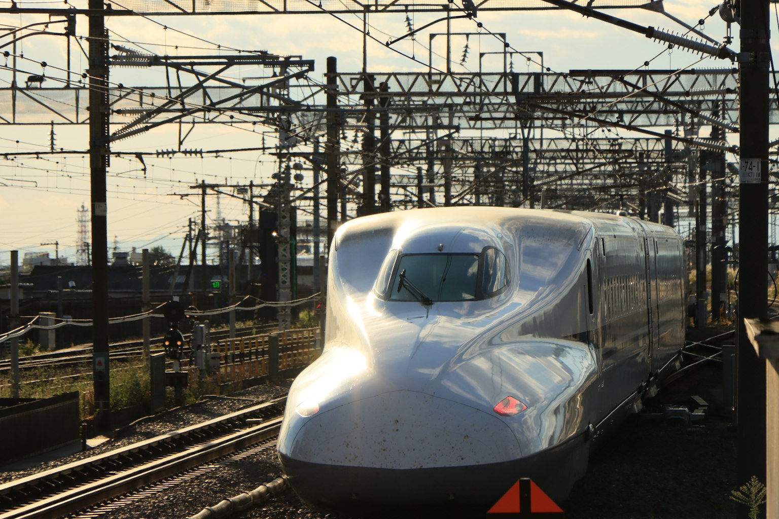Tàu Shinkansen đang chuyển động với dây cáp trên cao và cột ở nền