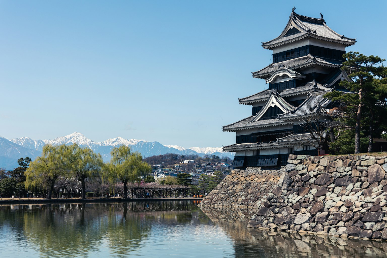 松本城的美丽景色和雪山背景