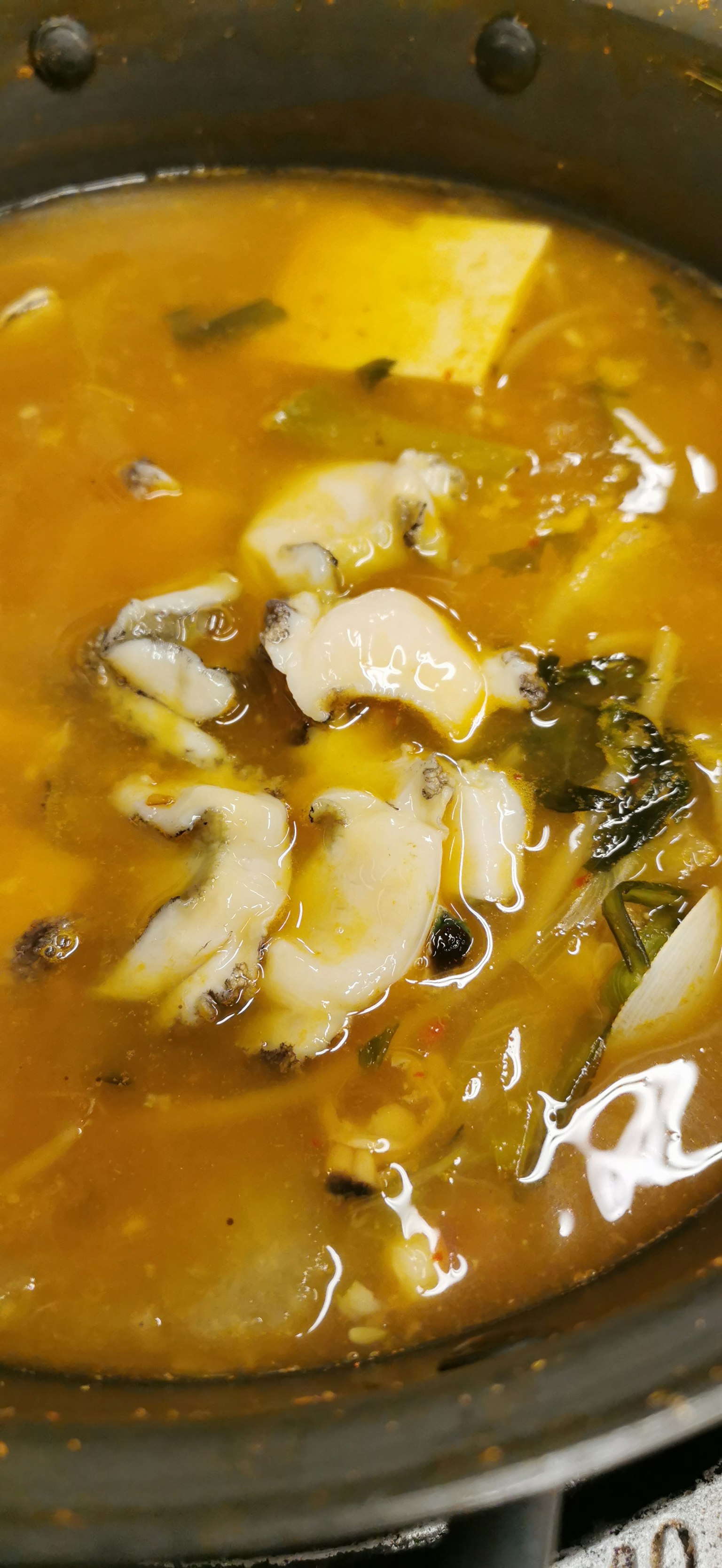 Gros plan sur une casserole remplie de soupe et d'ingrédients