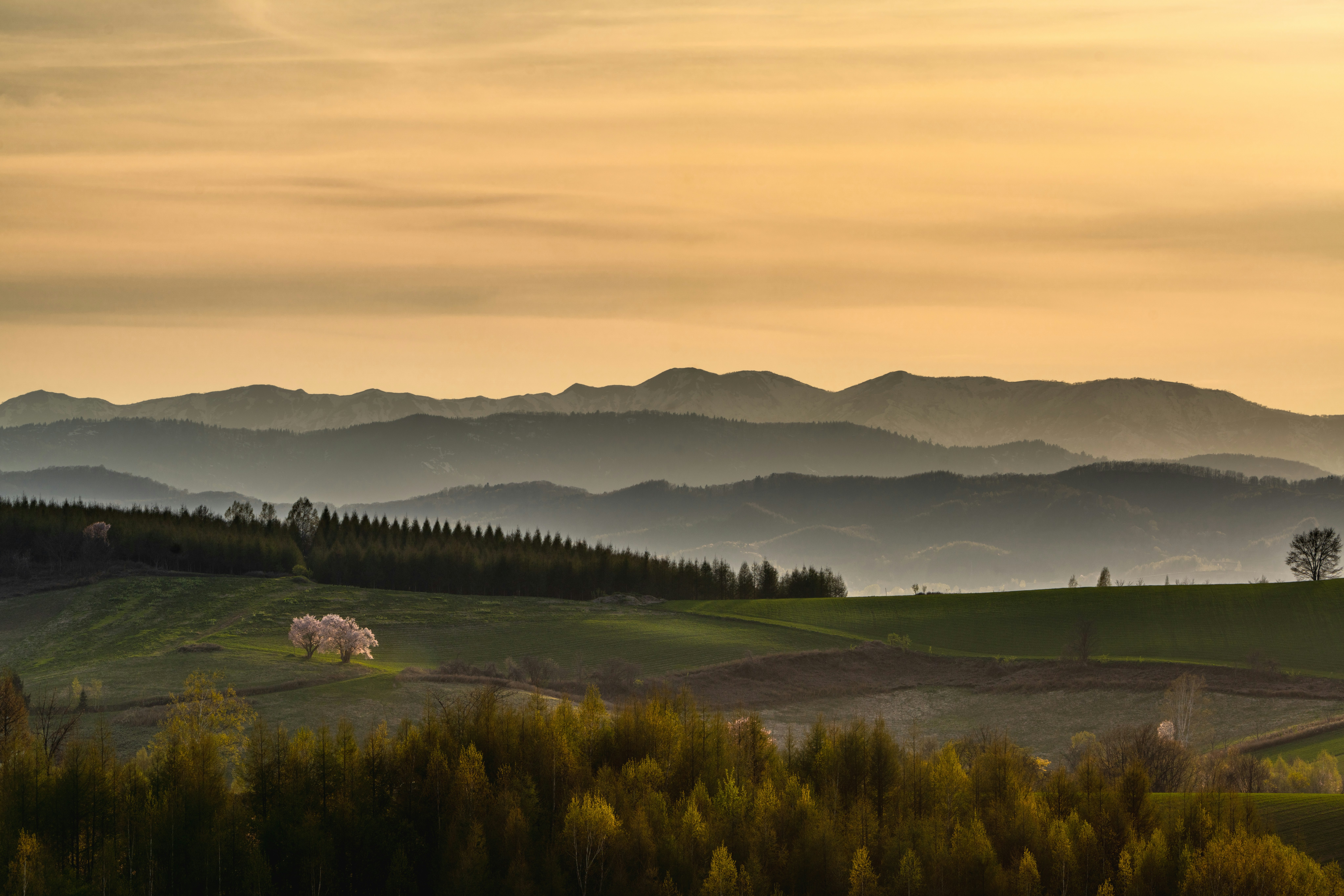 Coucher de soleil de printemps sur des collines et des montagnes brumeuses