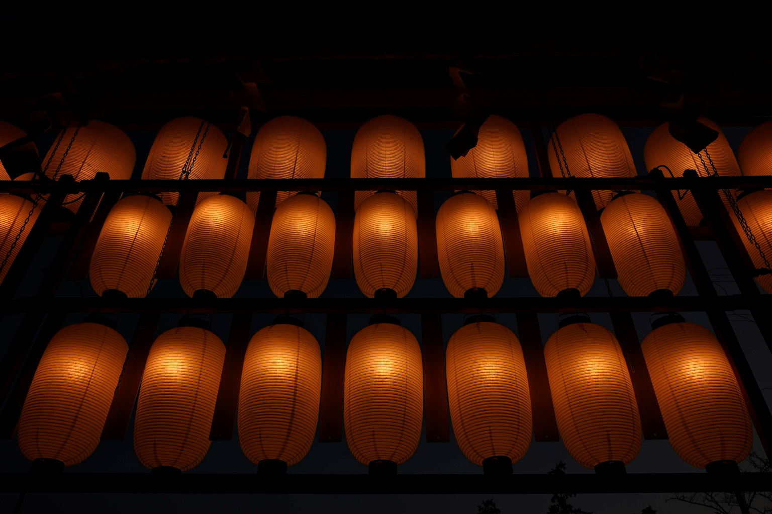 A row of Japanese lanterns emitting warm light