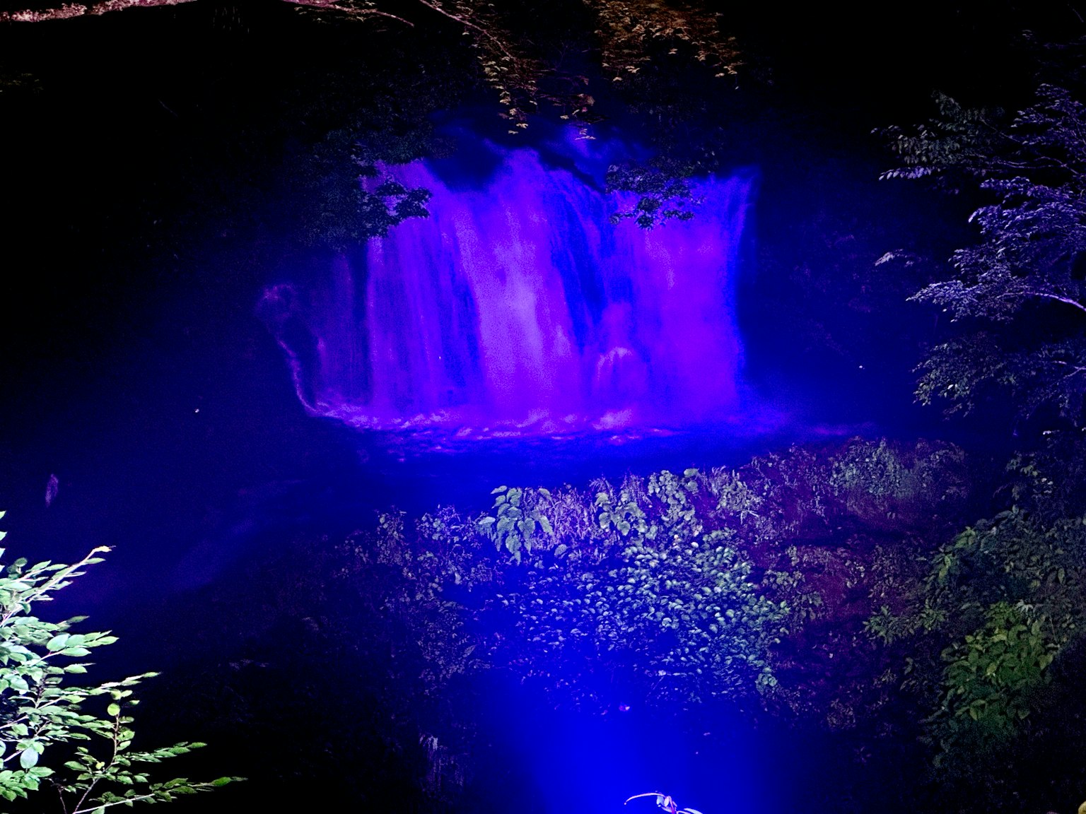 Air terjun yang diterangi cahaya biru dikelilingi oleh pepohonan hijau