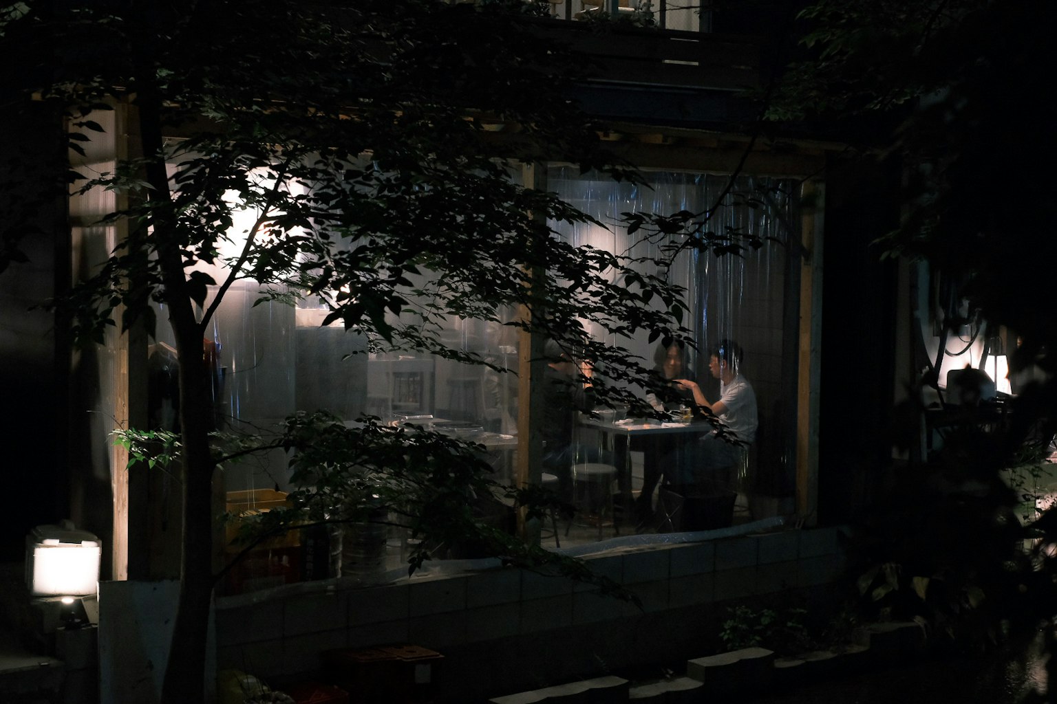 Escena nocturna tranquila con dos personas visibles a través de una ventana