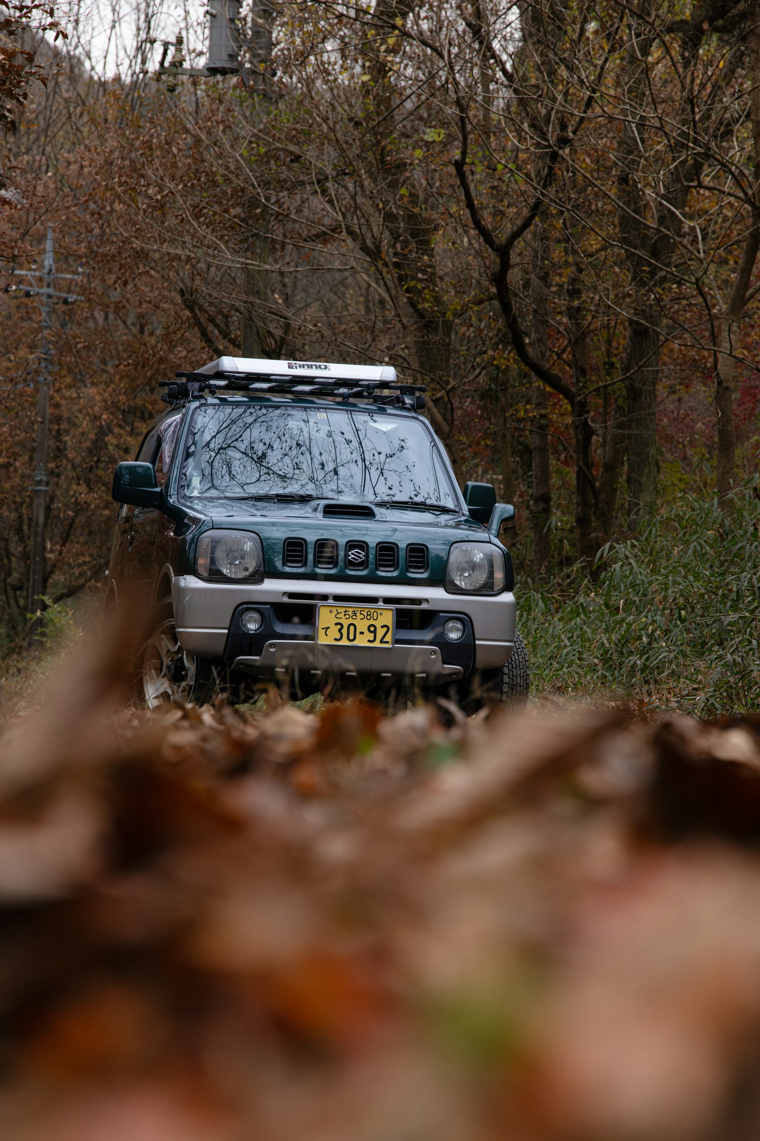 Véhicule tout-terrain sur un chemin couvert de feuilles en automne