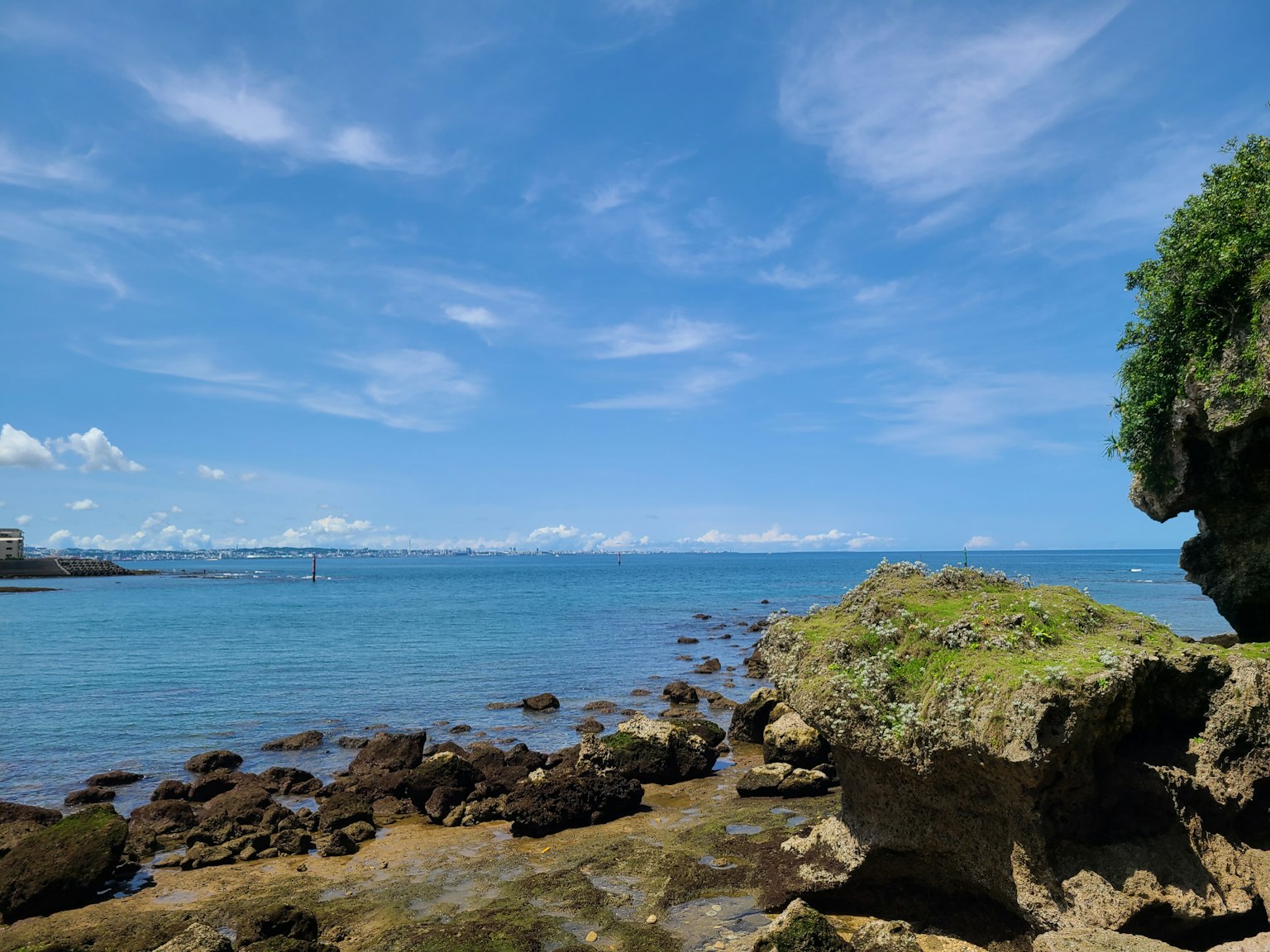 Scenic view of blue ocean and sky with rocky beach and green vegetation