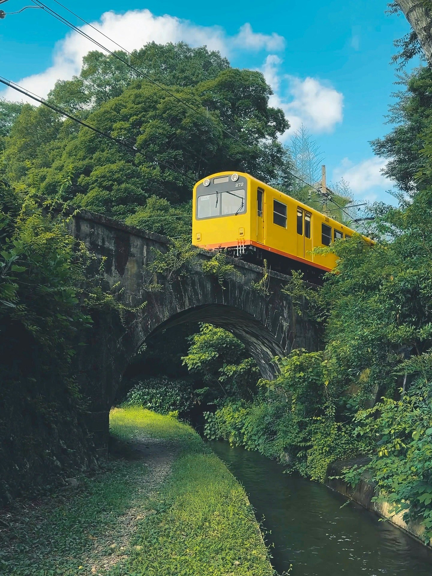 Un treno a scartamento ridotto della linea Sanuki che attraversa una valle verde