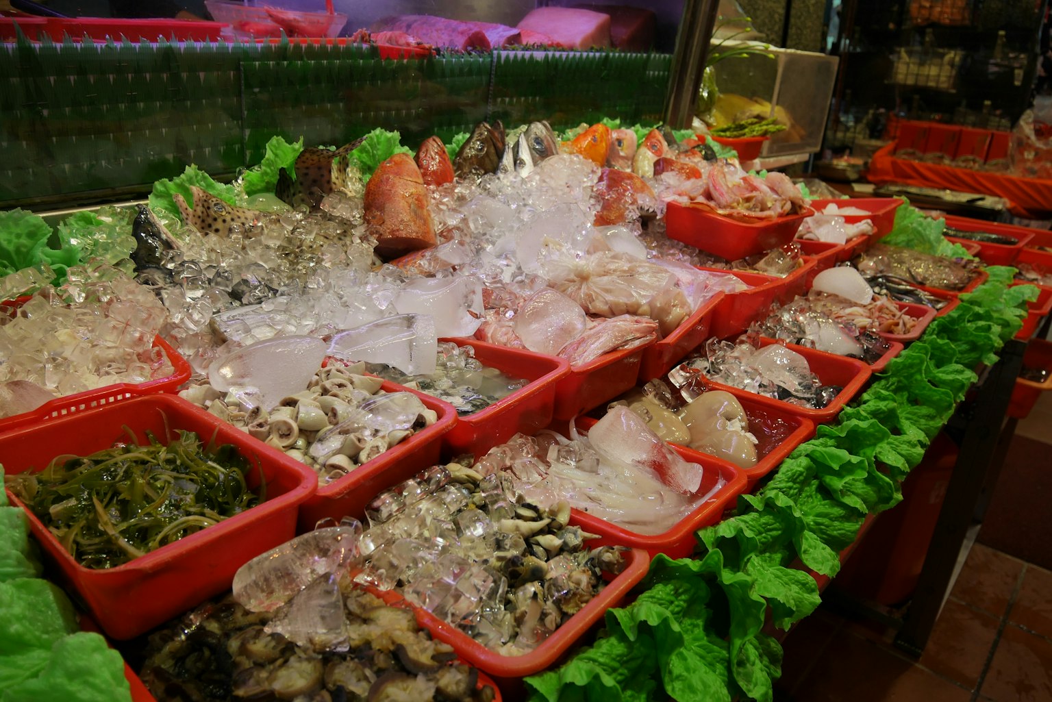 Fresh seafood market display with red plastic trays filled with various seafood items arranged on ice