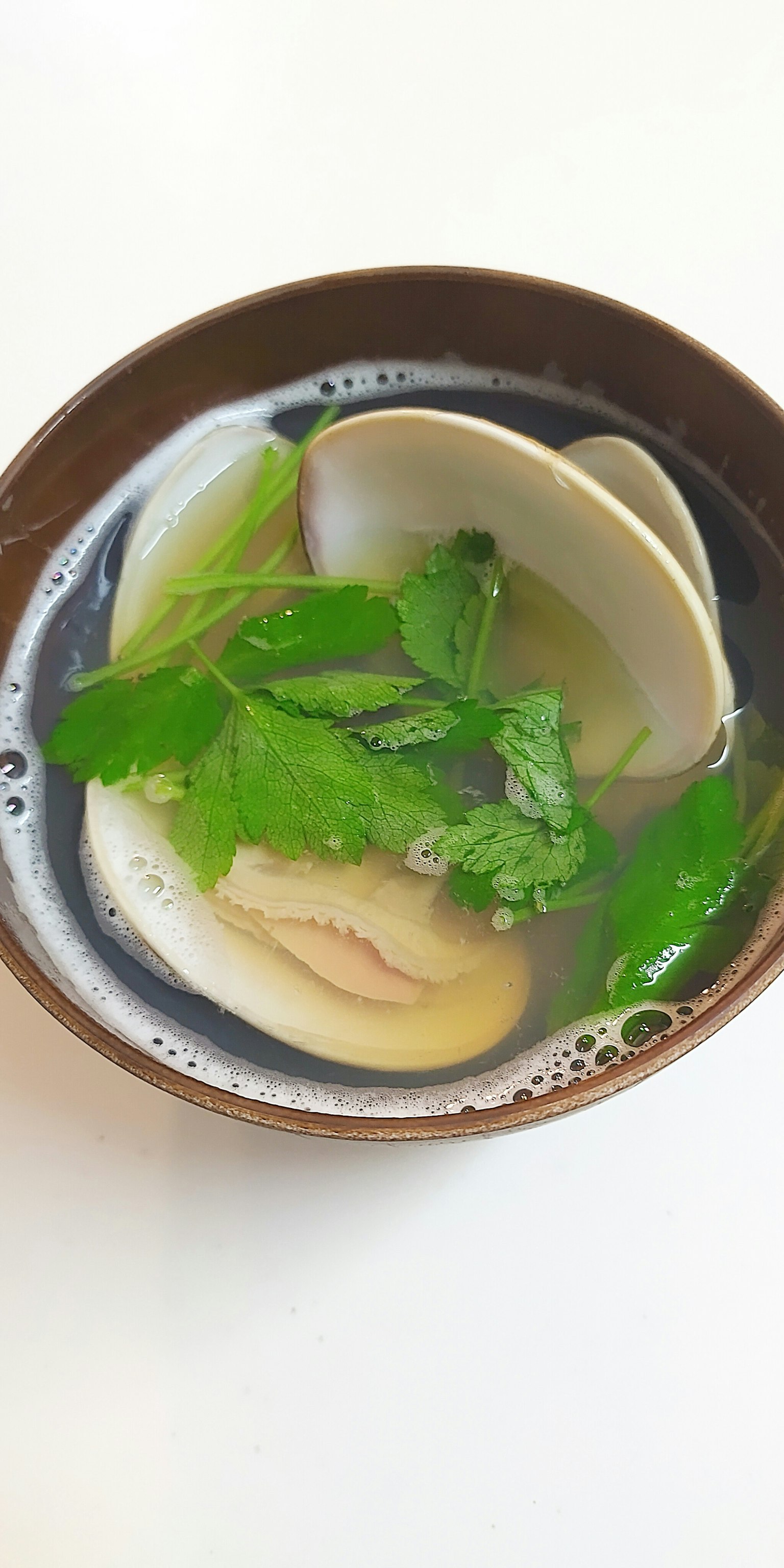 Ciotola marrone contenente zuppa di vongole con erbe