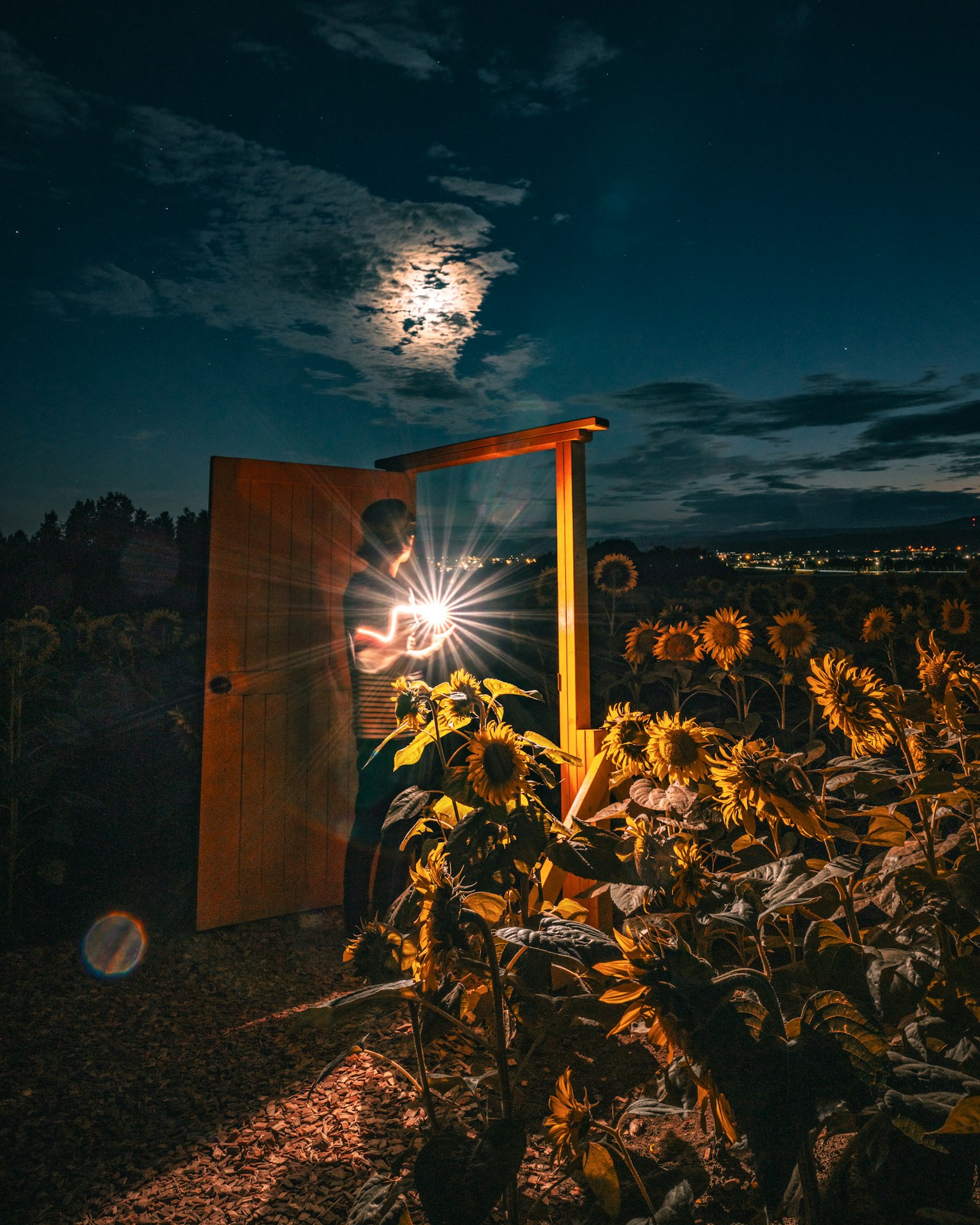 Una persona in piedi in un campo di girasoli di notte con una porta e la luce della luna