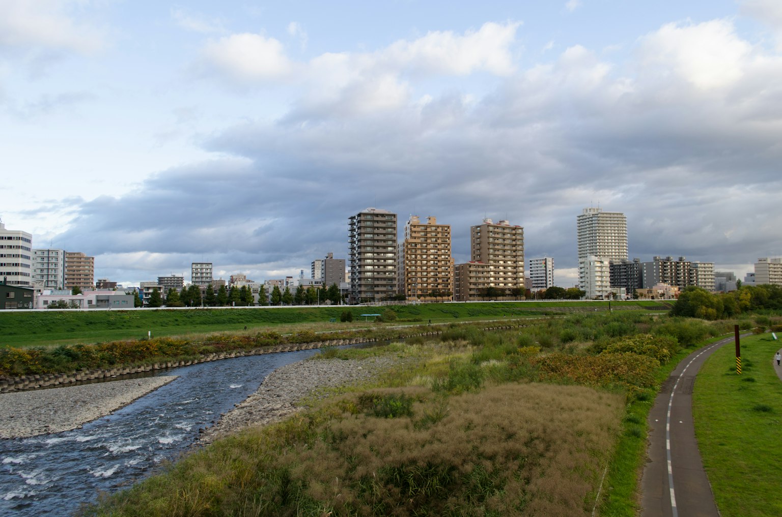 Skyline urbana lungo un fiume con sponde erbose