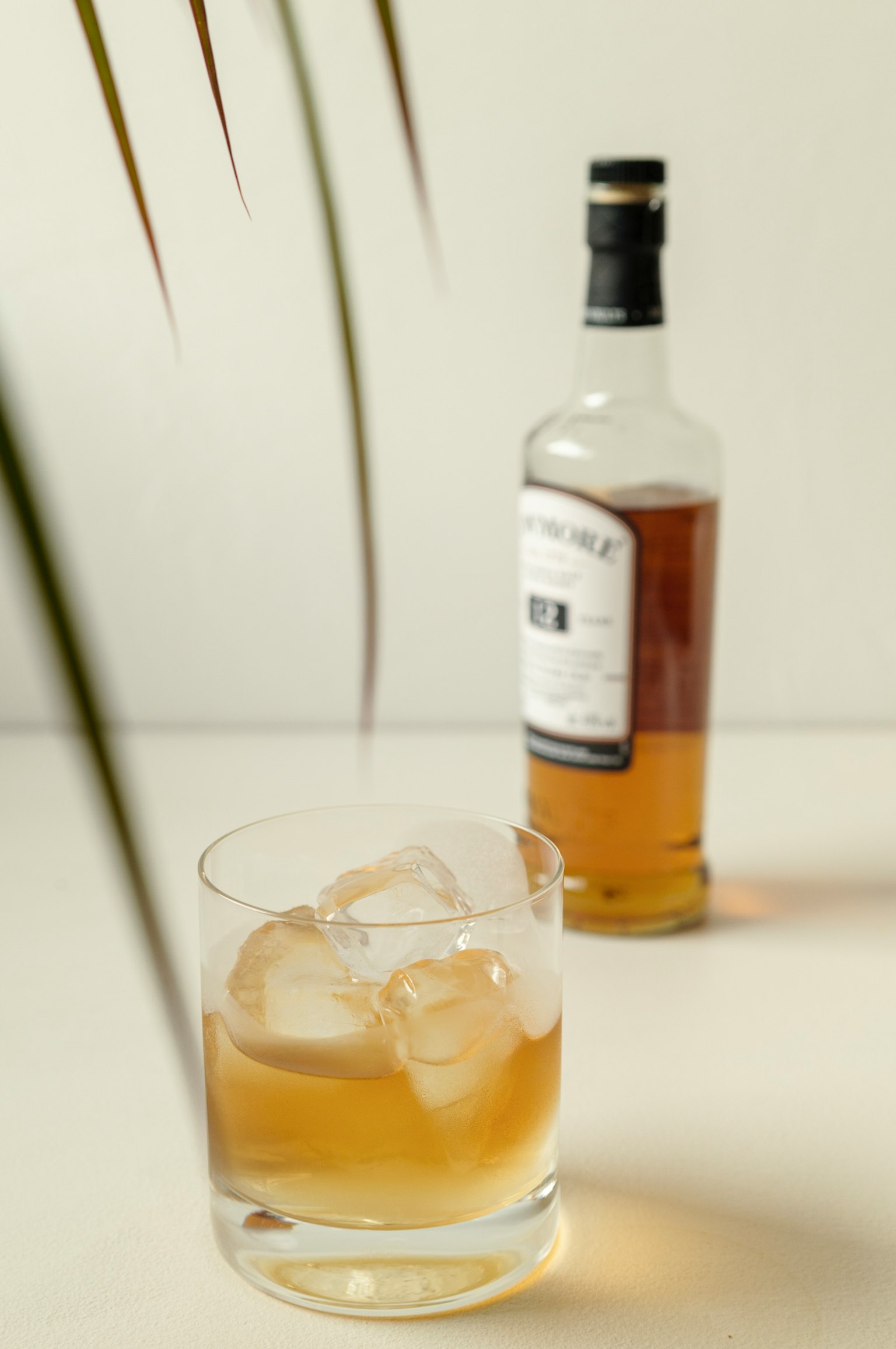 Un bicchiere di cocktail con ghiaccio e una bottiglia sullo sfondo che mostra una bevanda semplice