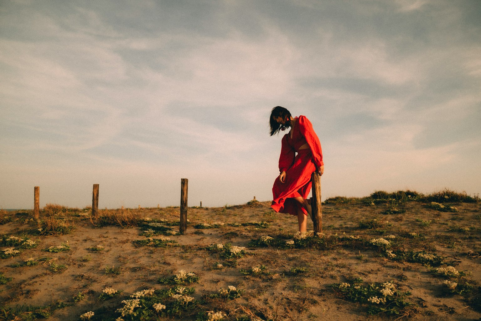 Una mujer con un vestido rojo caminando por un paisaje herboso