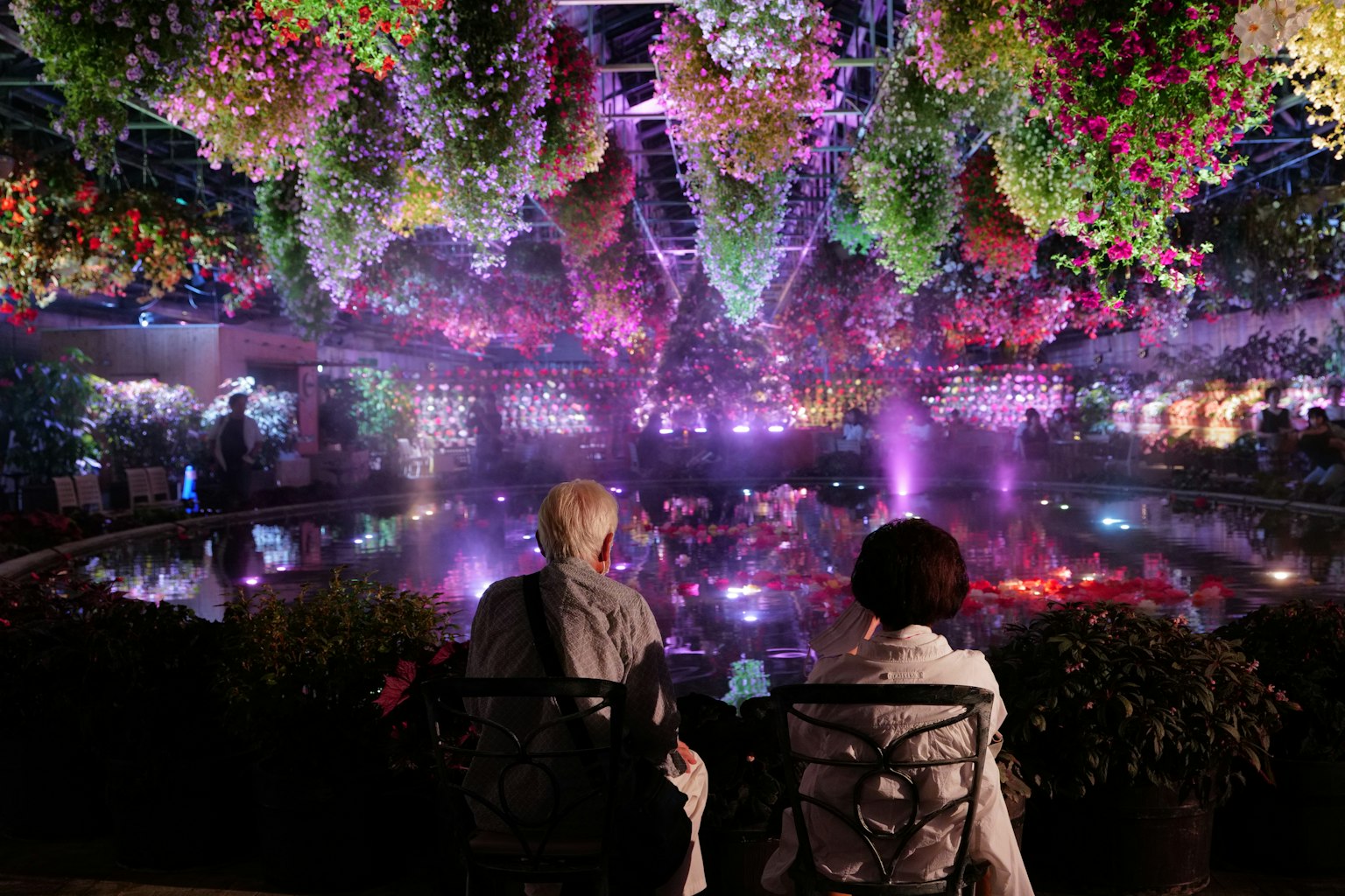 兩人享受著充滿懸掛花朵和五彩燈光的神奇花園景觀