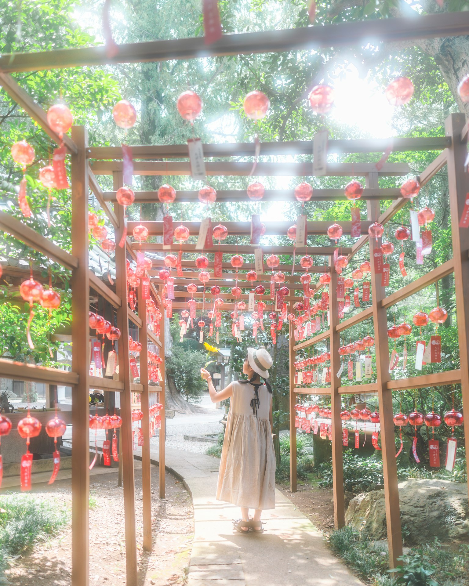 Woman walking through a pathway adorned with red lanterns in a lush green forest