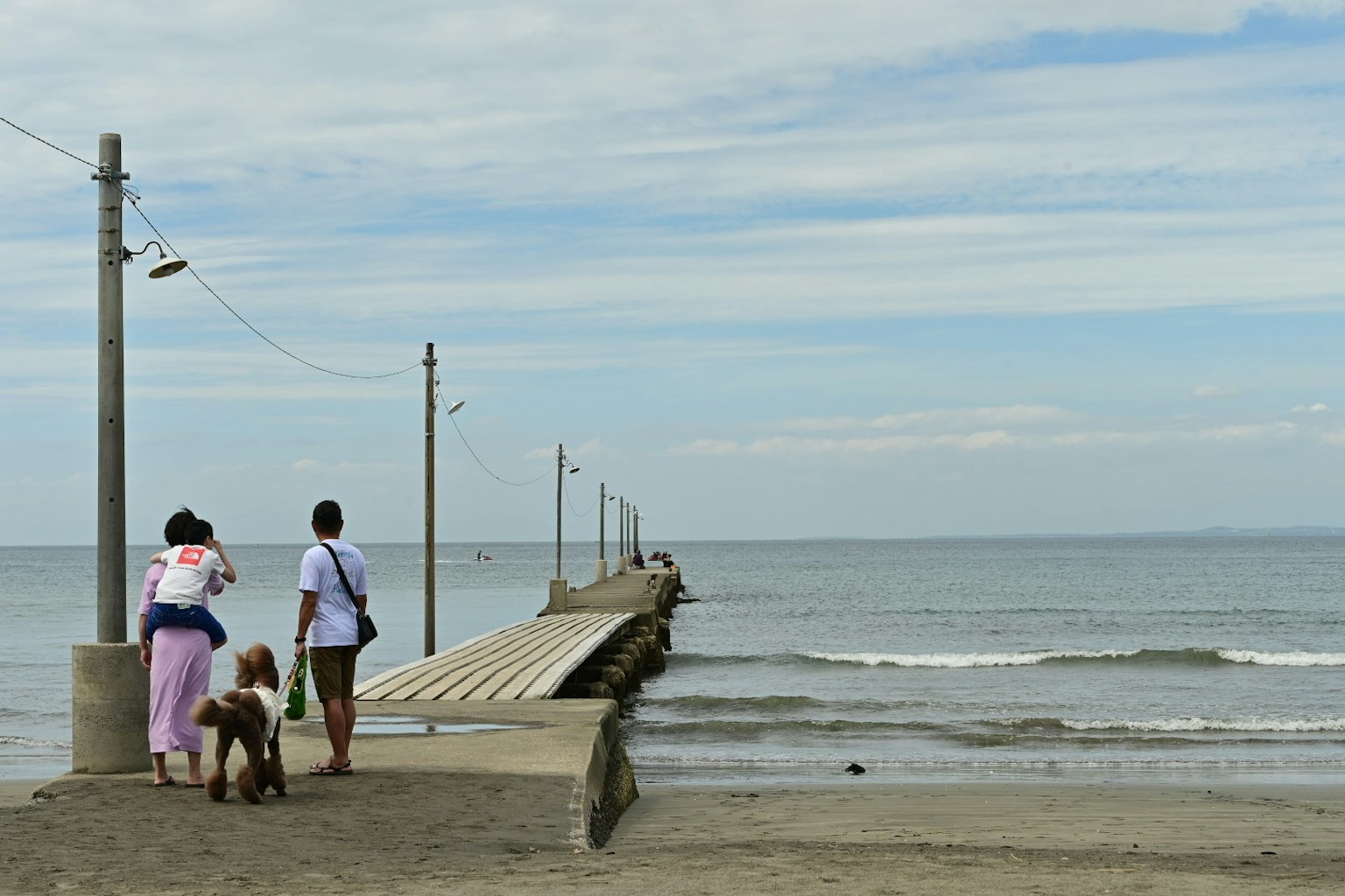 Two women walking a dog along a pier by the ocean