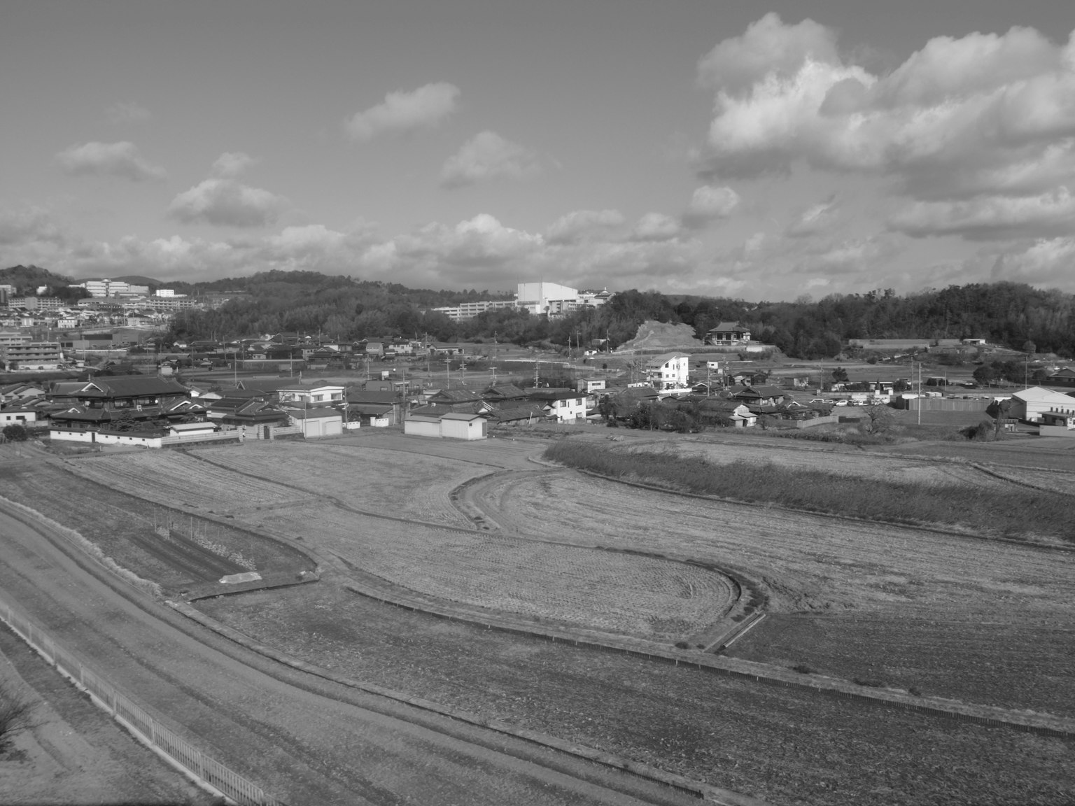Black and white rural landscape with expansive rice fields and small houses under a serene sky
