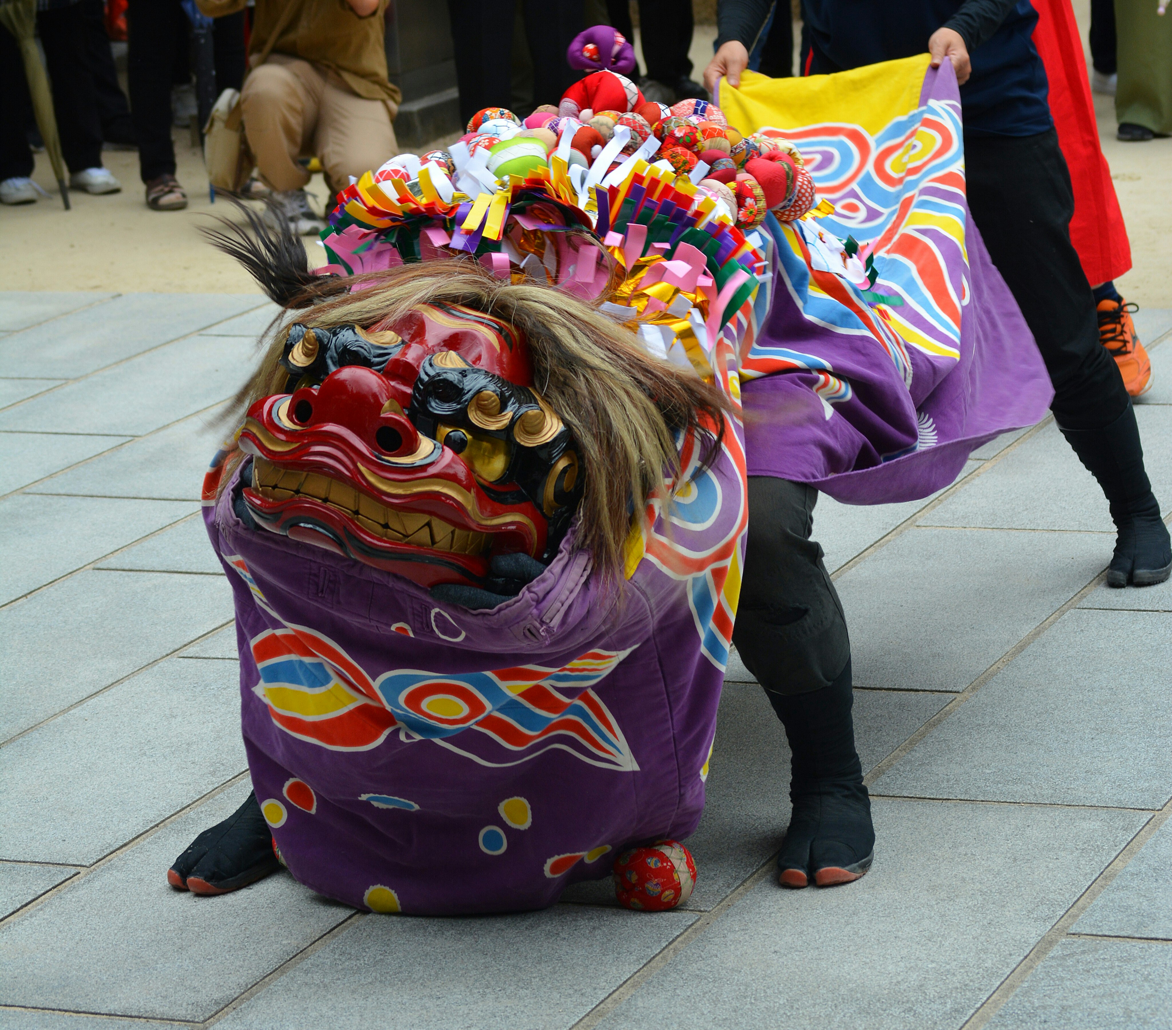 Masque de danse du lion coloré et tête de costume violet