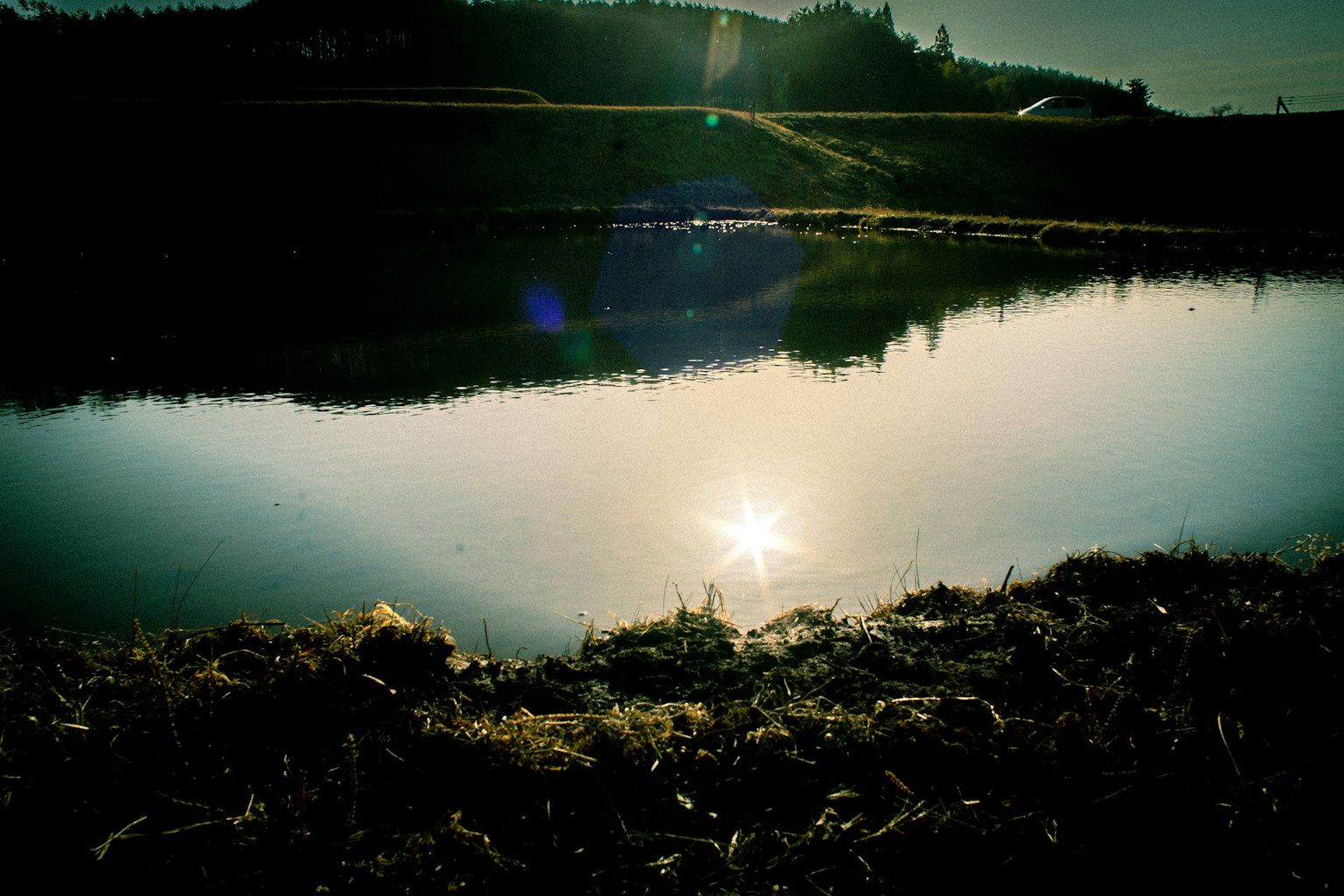 Ruhiger See, der Sonnenlicht und natürliche Landschaft reflektiert
