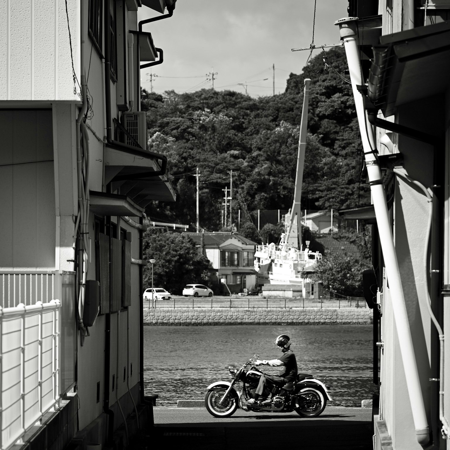 Escena de calle en blanco y negro con una persona en motocicleta y edificios al fondo