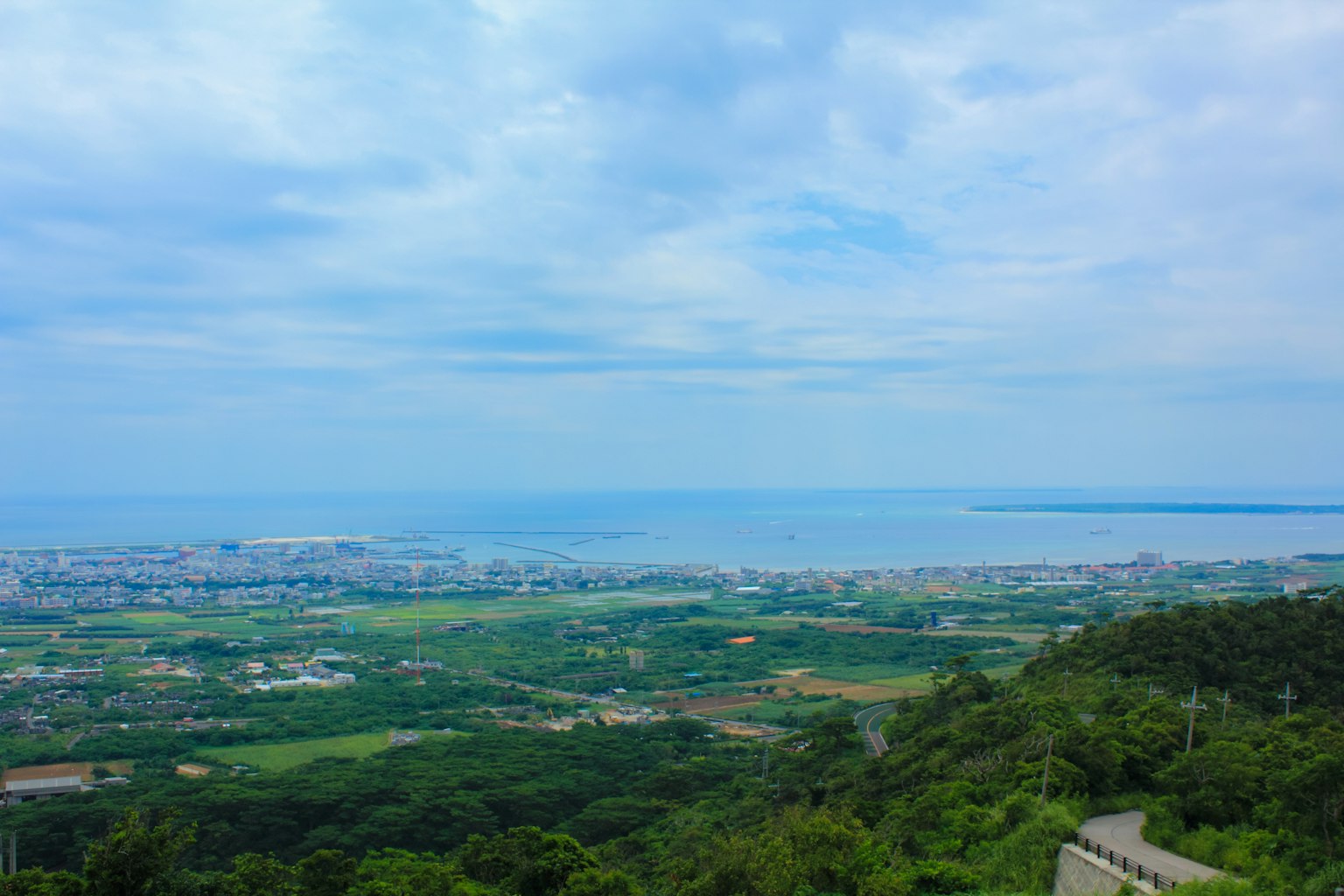 藍色海洋和郁郁蔥蔥的綠地的風景