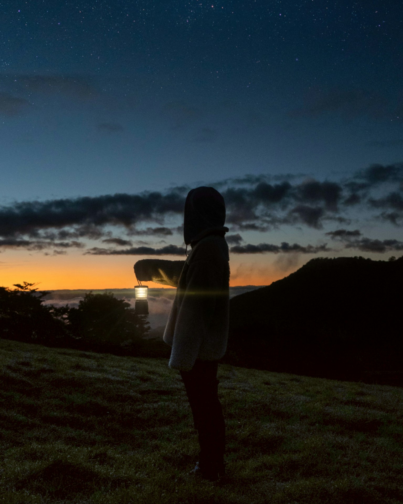 夜空の下で立つ人物と星々の景色