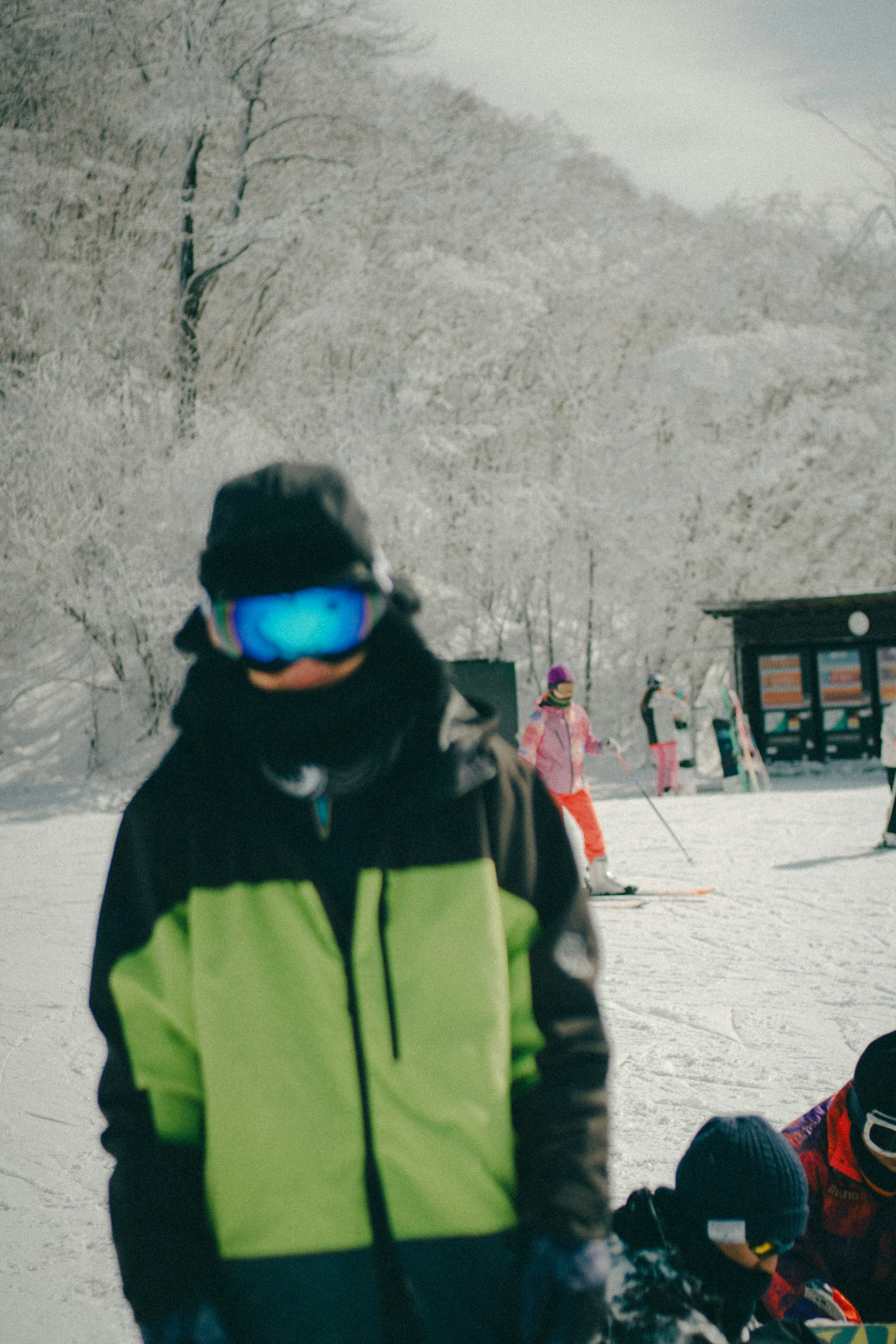 Person in grüner und schwarzer Jacke mit Skibrille auf einem verschneiten Berg
