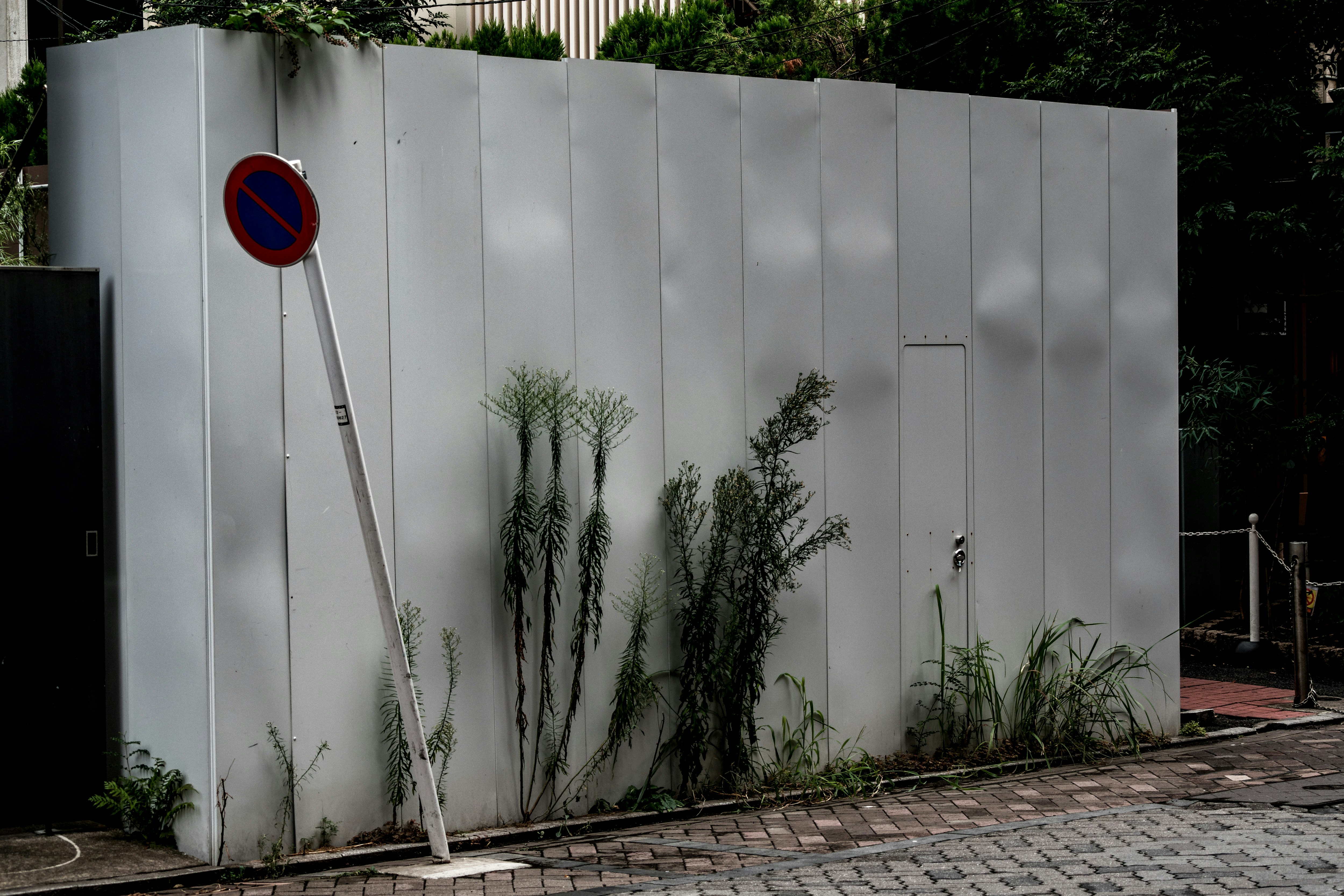 un coin d’une ruelle à Tokyo avec de la végétation le long d’un mur