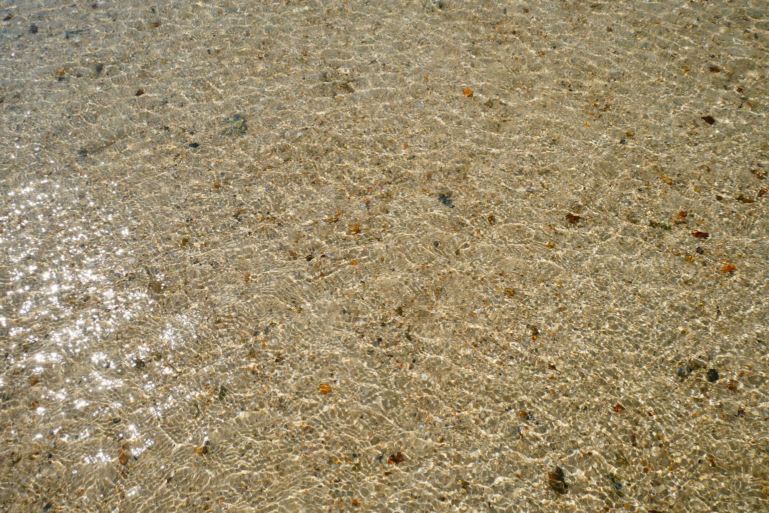Surface d'eau claire révélant du sable et des petits cailloux
