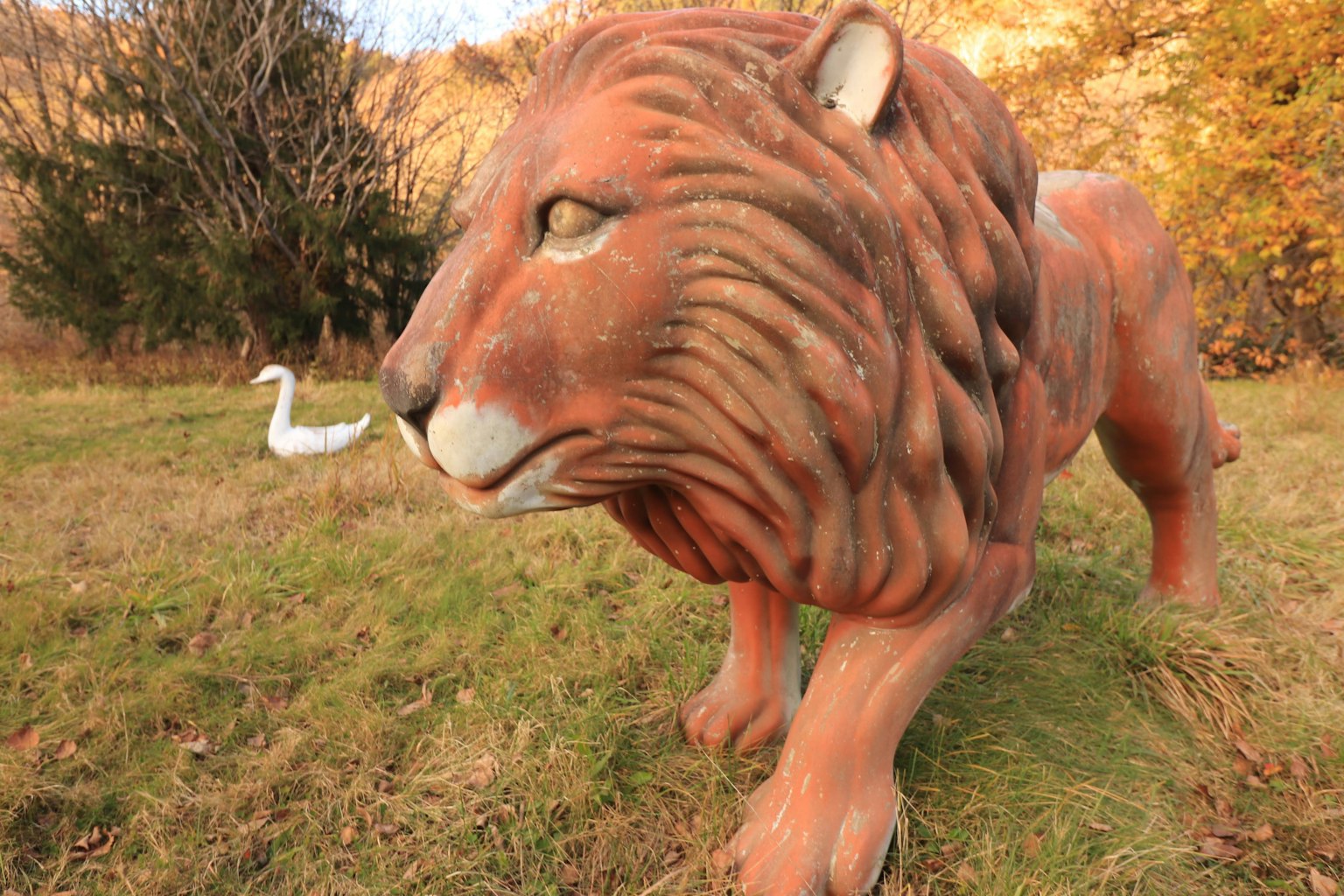 公園裡的大型獅子雕塑，背景有一隻白鳥