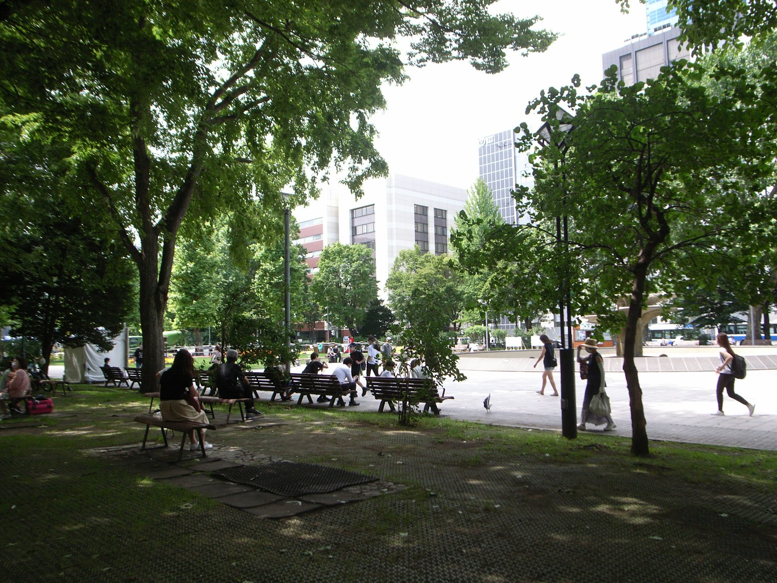 Eine lebhafte Parkszenen mit Menschen, die gehen und unter Bäumen sitzen