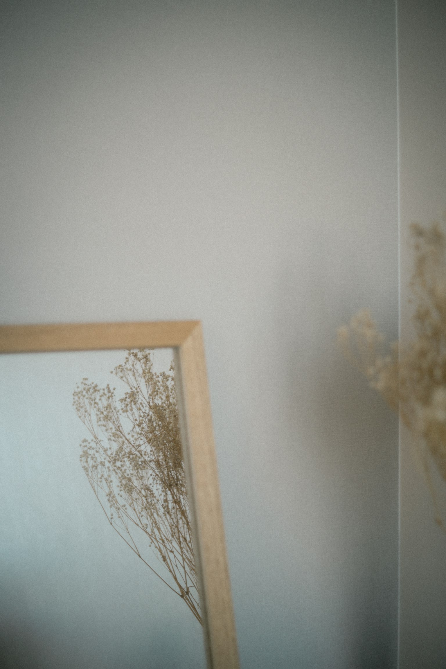 Un interior simple con un espejo y flores secas