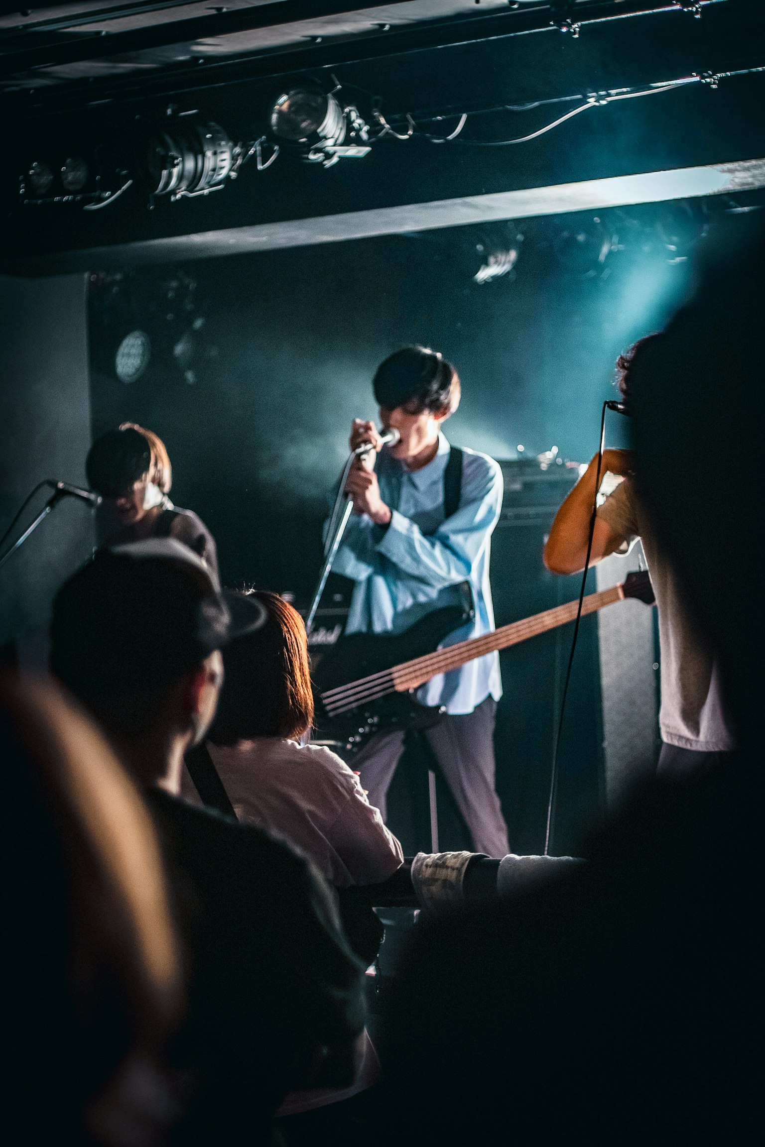 Groupe en concert avec le chanteur principal tenant un micro et le public au premier plan