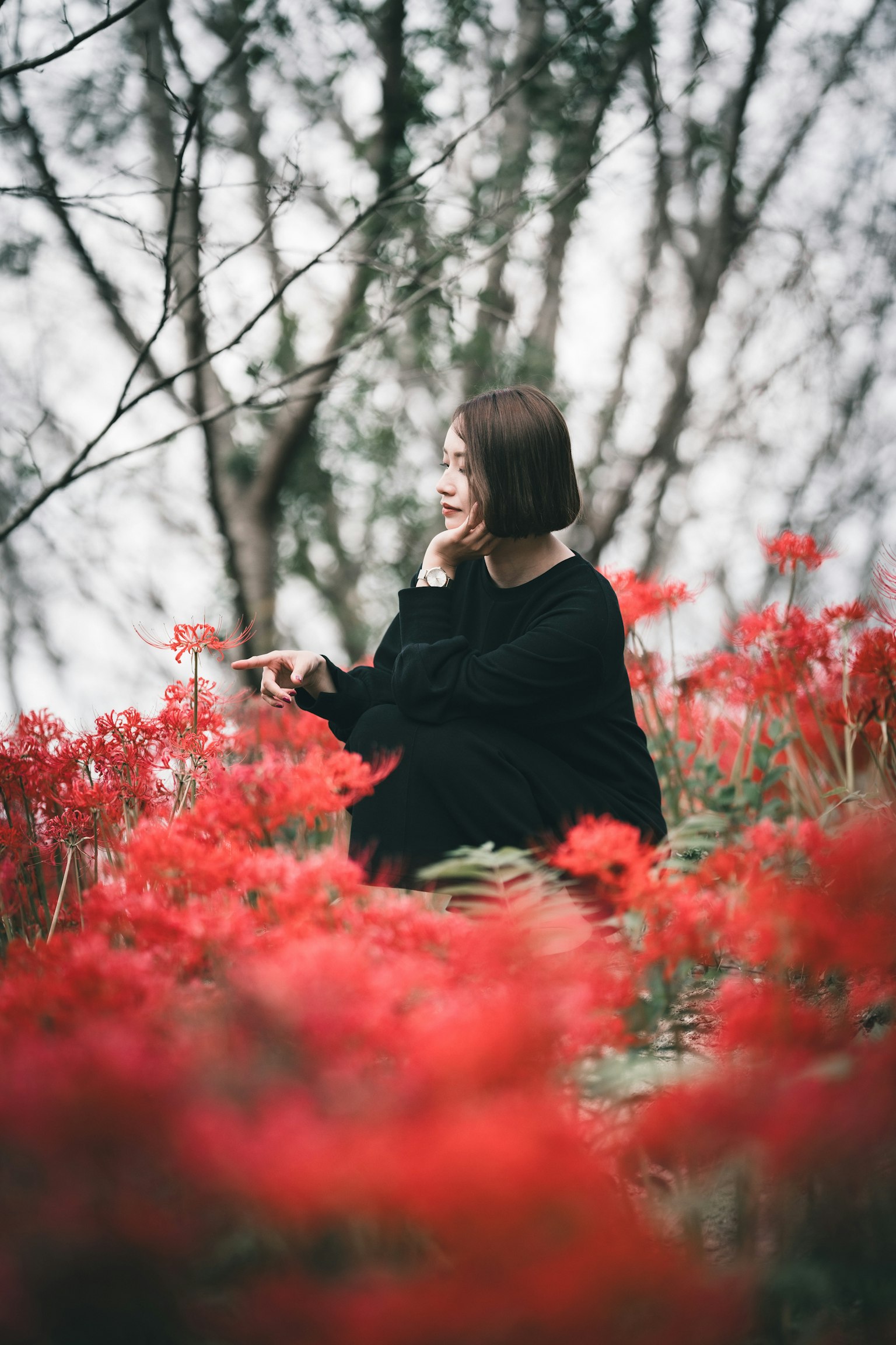 A woman sitting among vibrant red flowers in a serene landscape