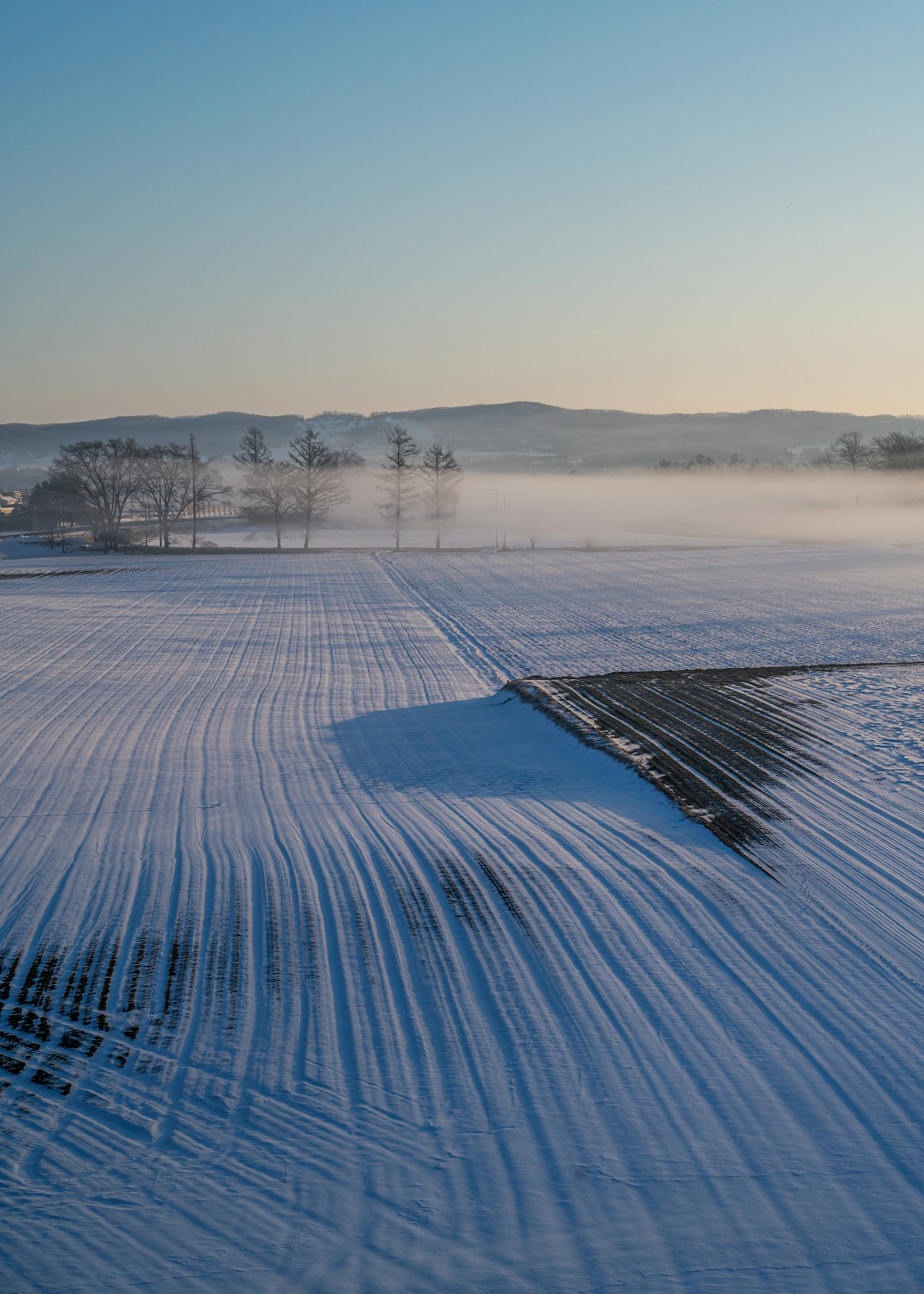 Snow-covered farmland with clear blue sky