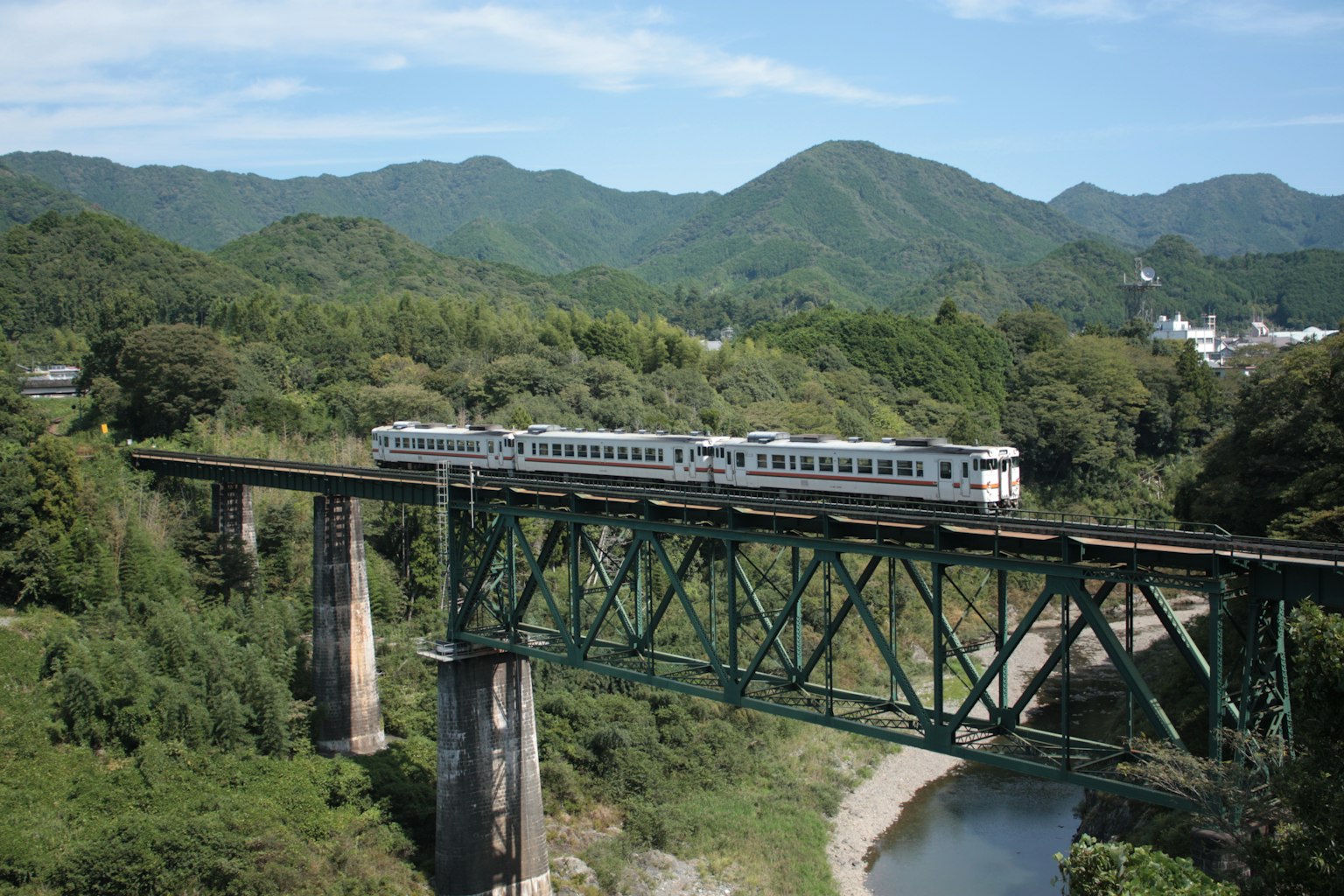 Train traversant un pont ferroviaire vert entouré de montagnes