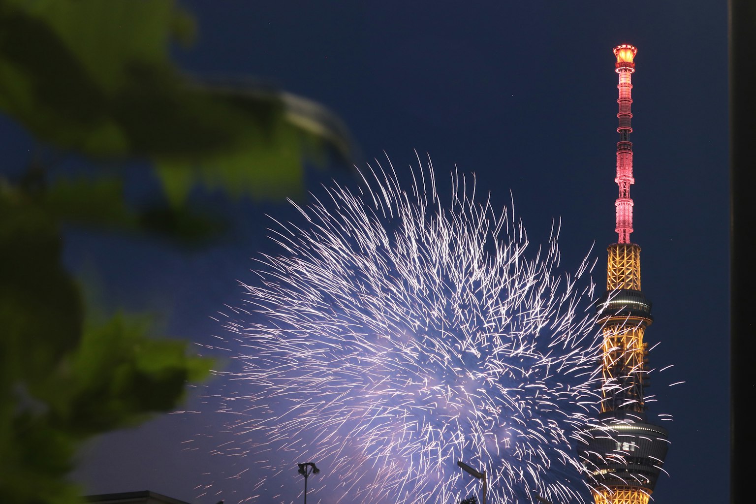 Des feux d'artifice éclatent derrière la tour de Tokyo la nuit