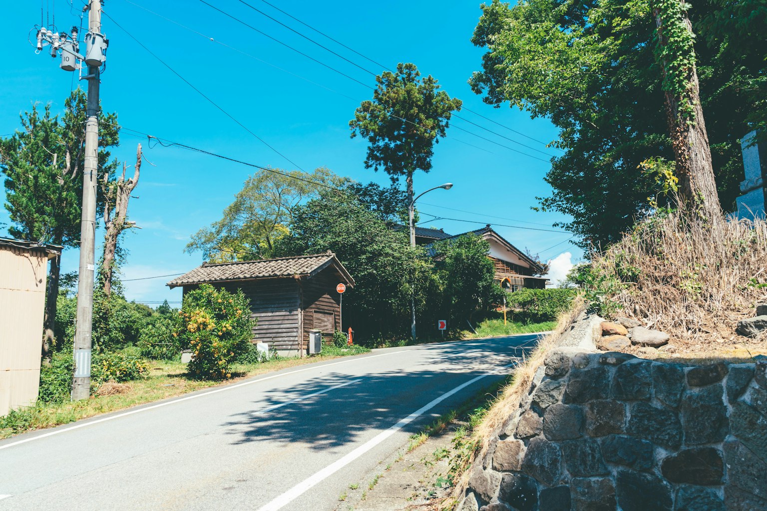 藍天下寧靜的鄉村景色，沿路有古老的房屋和綠樹