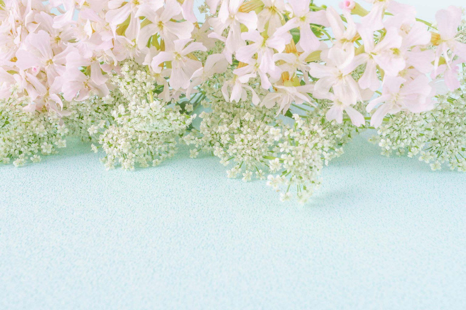 A bouquet of soft pink and white flowers arranged on a mint green fabric