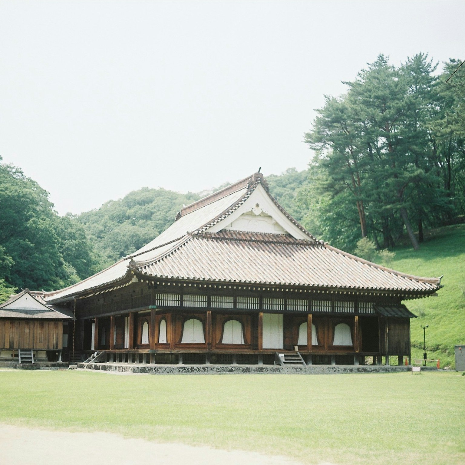 綠色山坡上的傳統日本建築