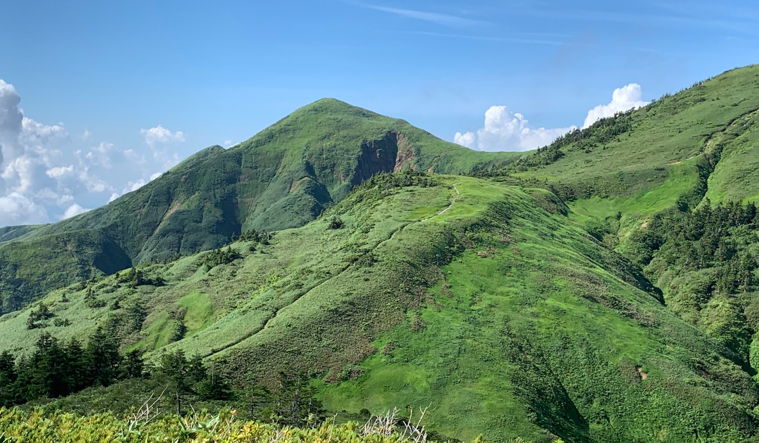 蓝天下郁郁葱葱的山脉风景