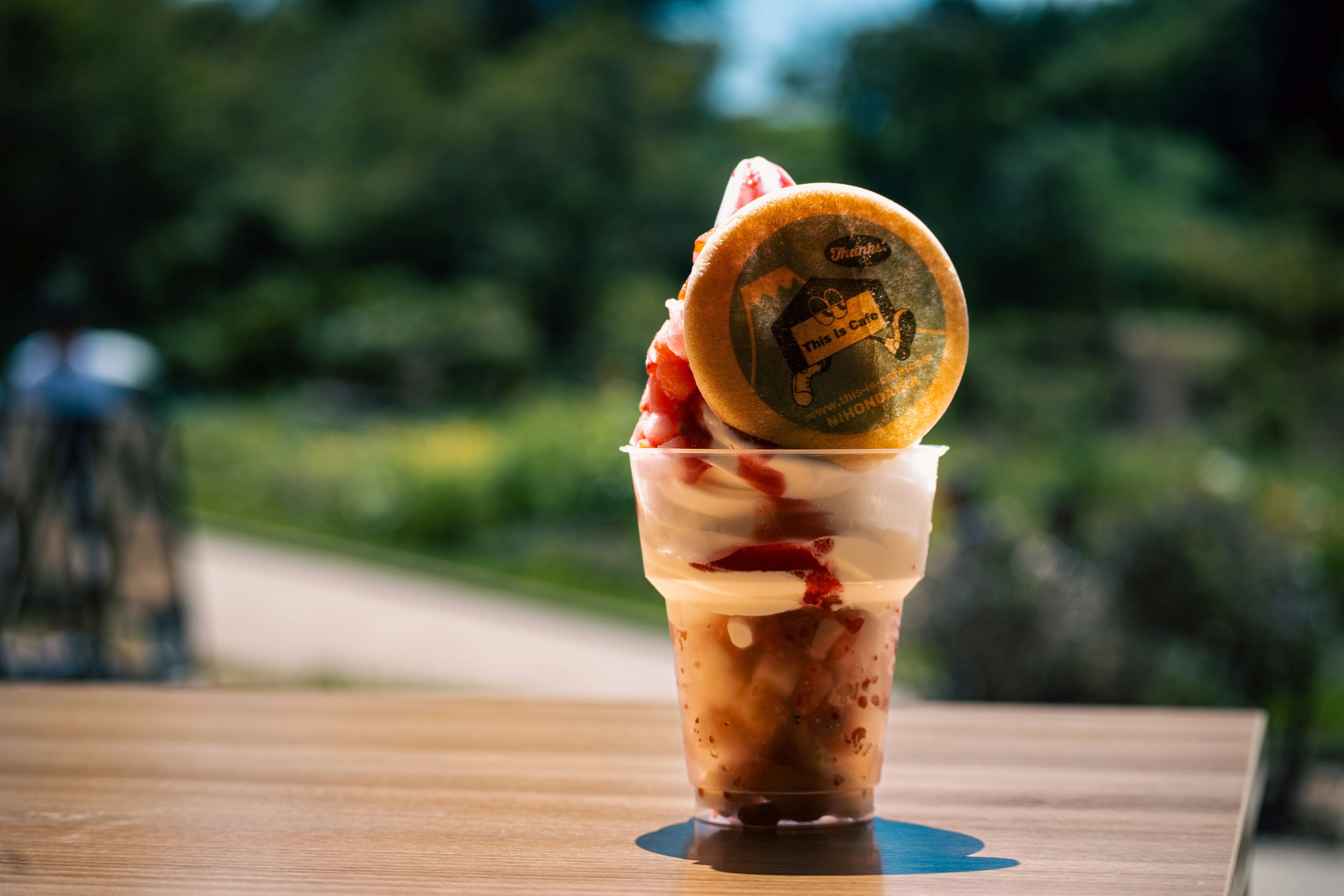 Iced drink on an outdoor table