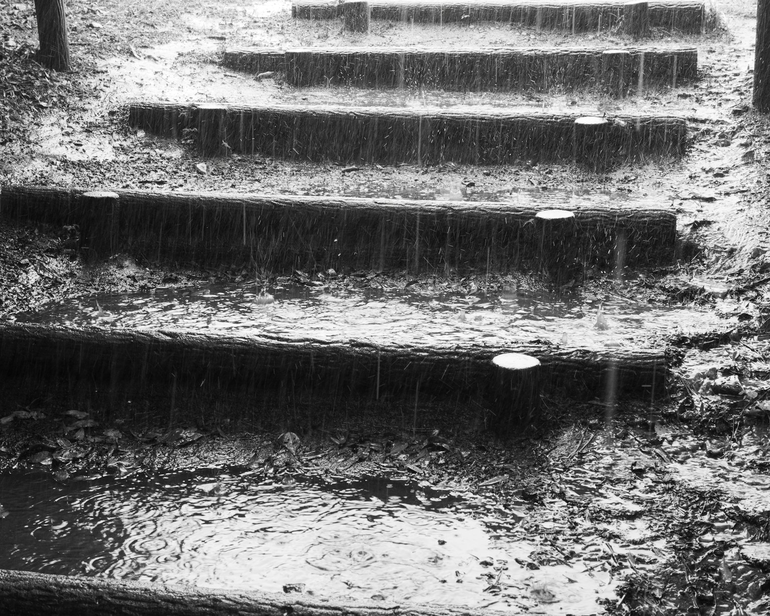 Holztreppe mit fließendem Regenwasser