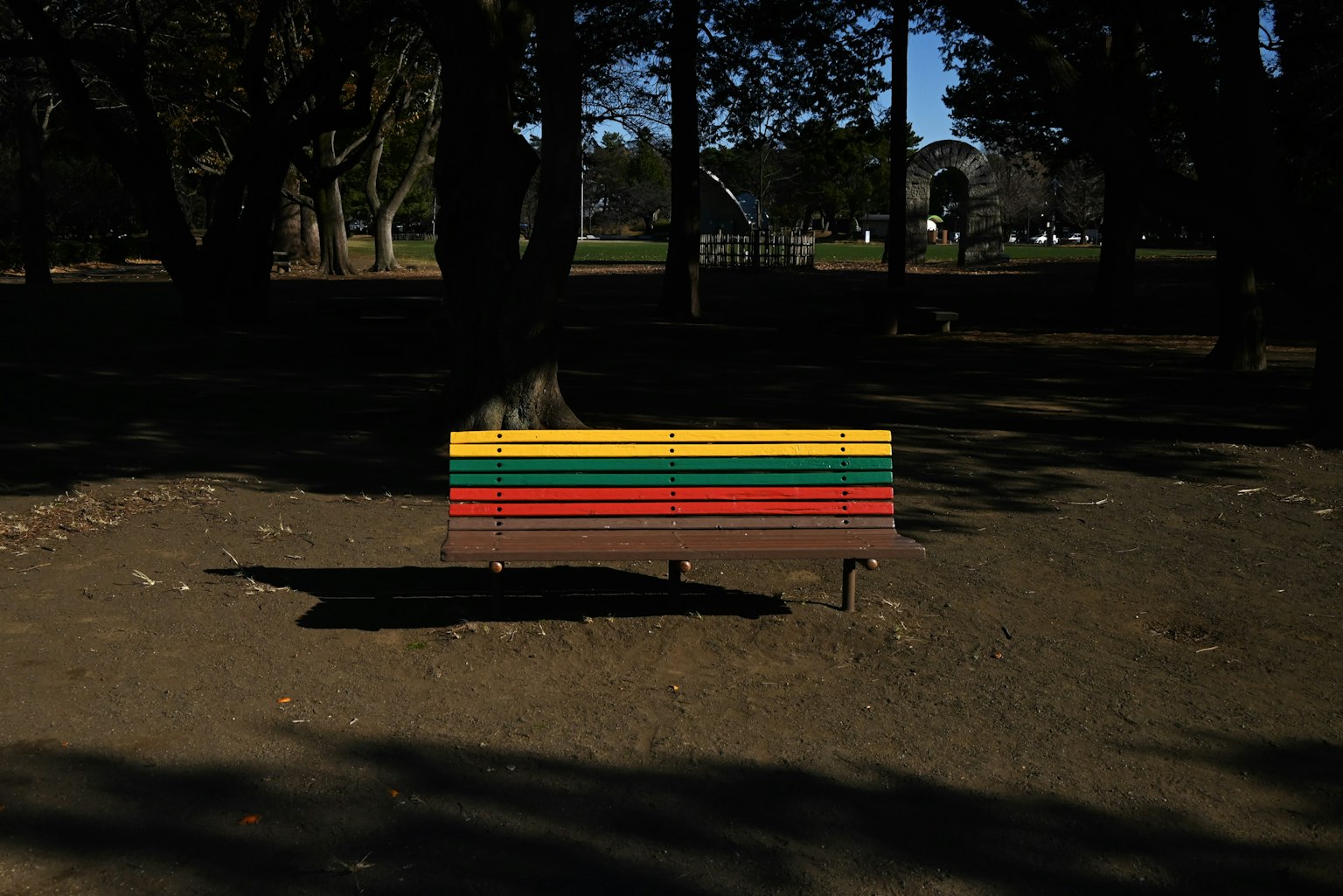 Panchina colorata in un parco circondata da alberi