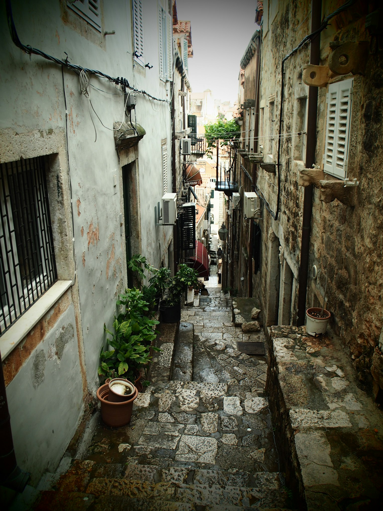 Stradina in ciottoli stretta in un vecchio paese con piante in vaso visibili