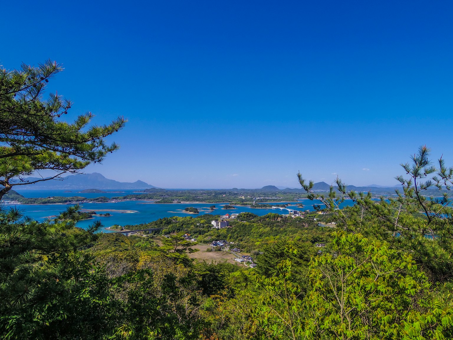 Vista escénica del cielo azul y árboles verdes sobre el mar