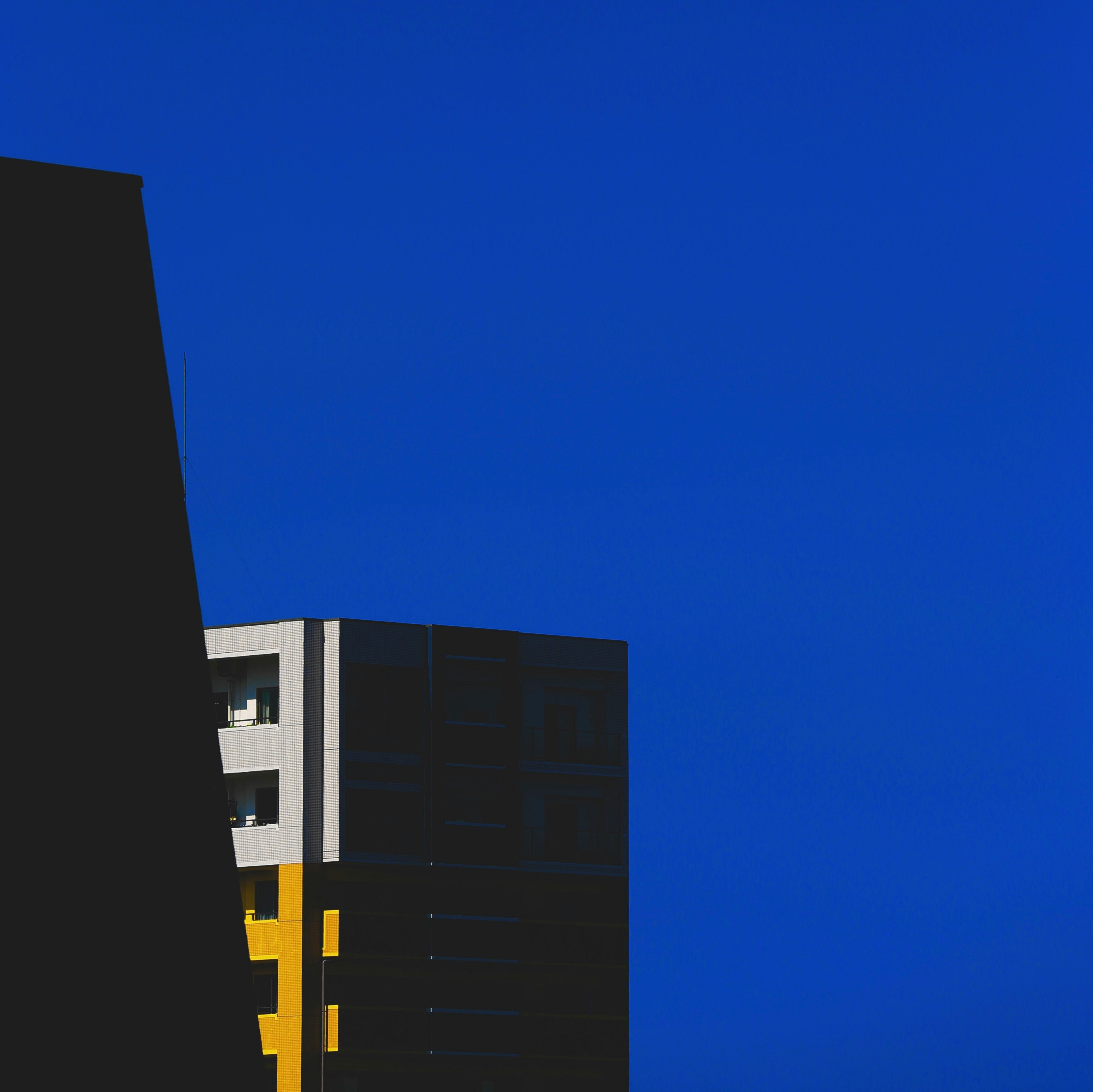 青空の下にそびえる建物の外壁と影