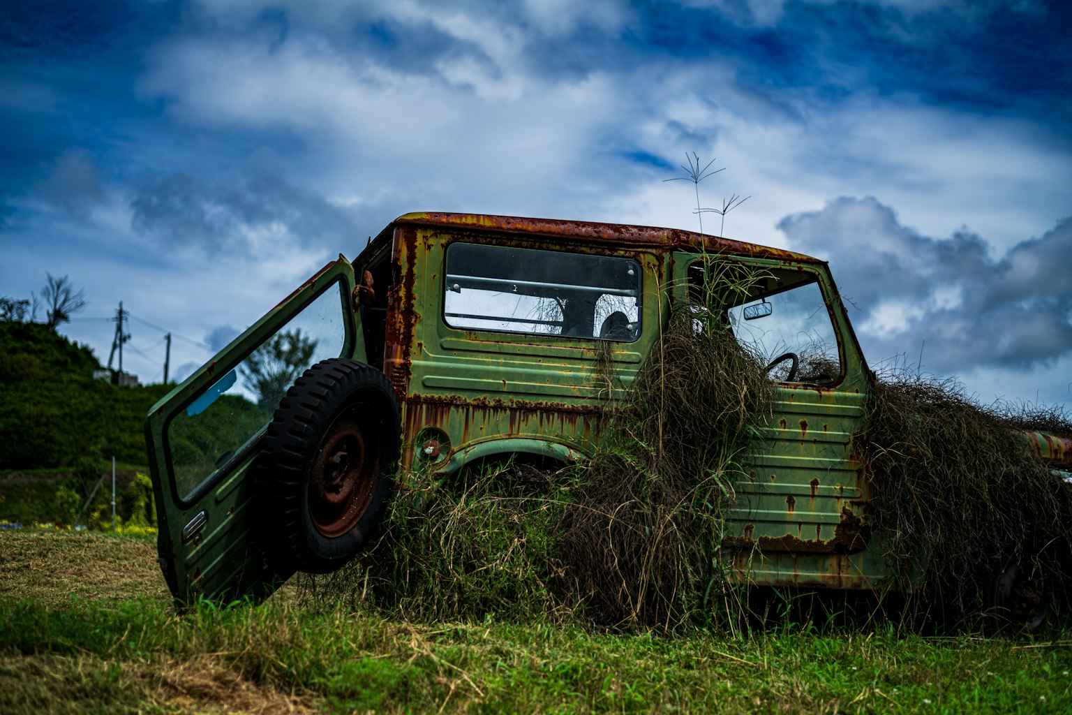 锈蚀的绿色车辆被草覆盖,侧卧在地