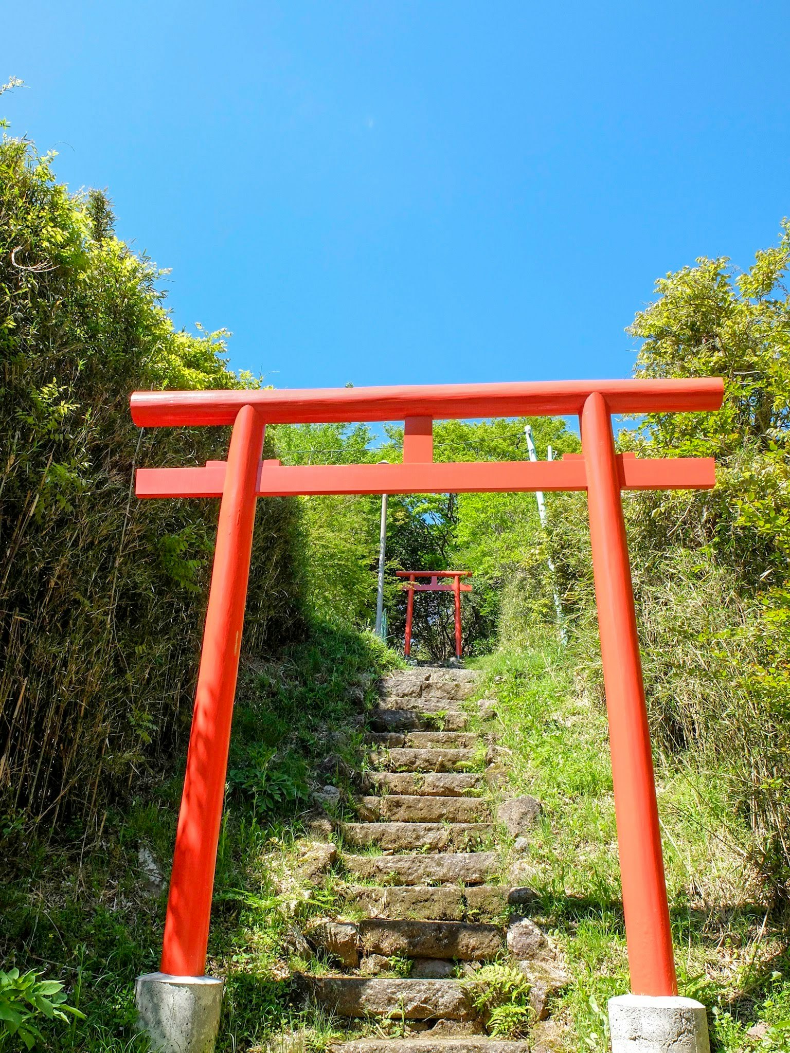 Portale torii rosso con scale di pietra sotto un cielo blu